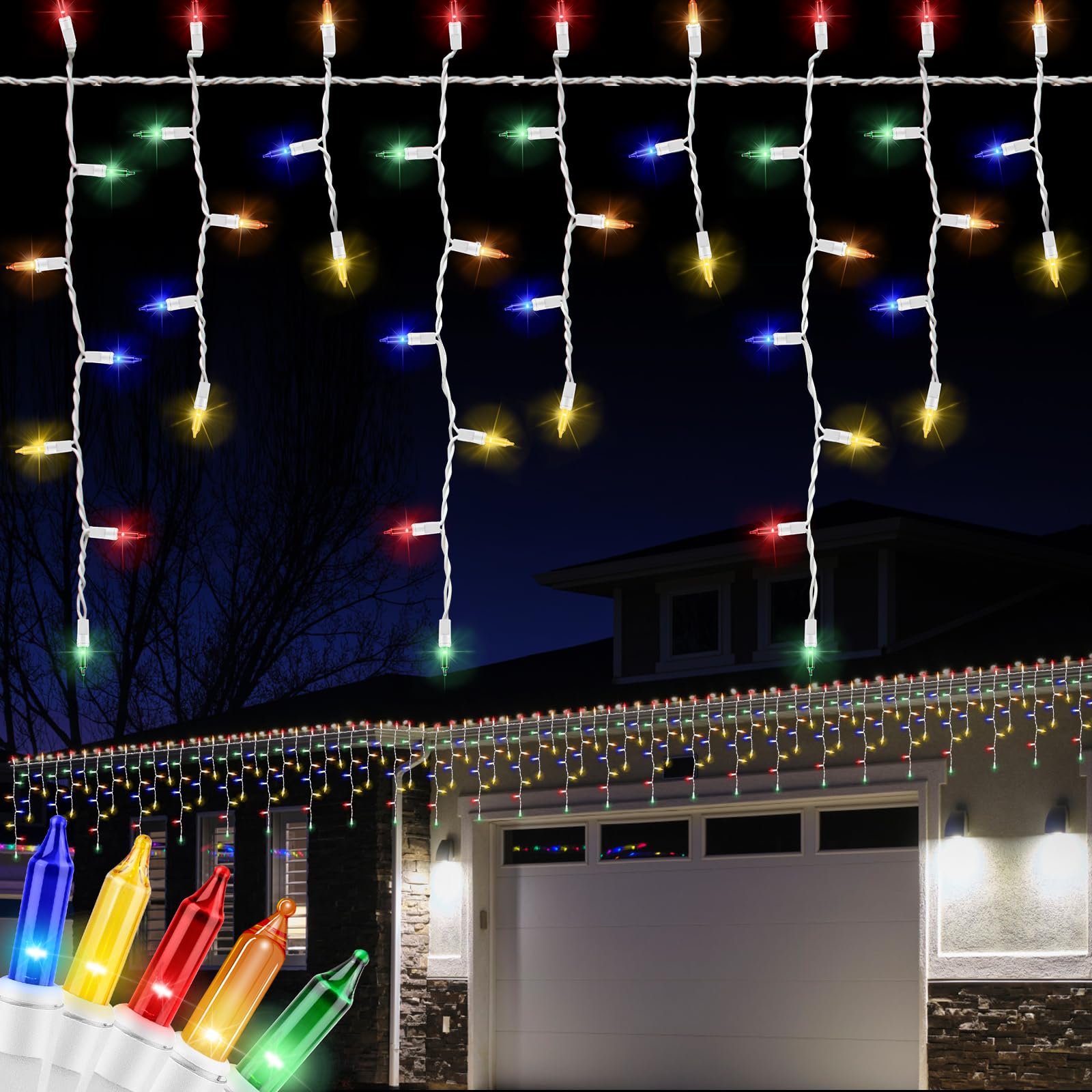 LAMPHOME 6.2FT Icicle Lights, 100 Multicolor Indoor/Outdoor Christmas Lights, White Wire, Model L8525