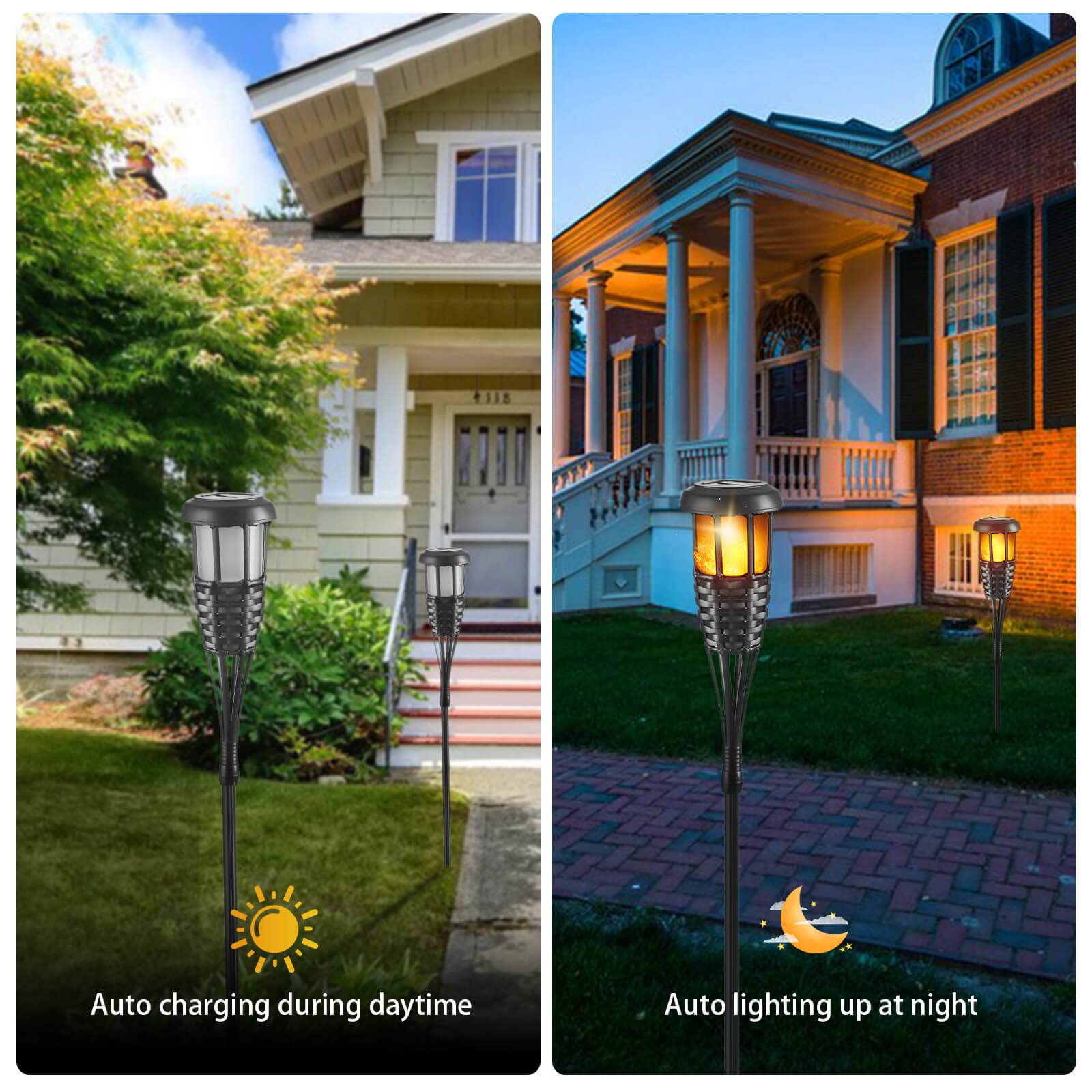 Solar Torch Light With Flickering Flame, 4 Pack Waterproof Bamboo Torches Hand-Woven Rattan Solar Tiki Torches For Outside Patio