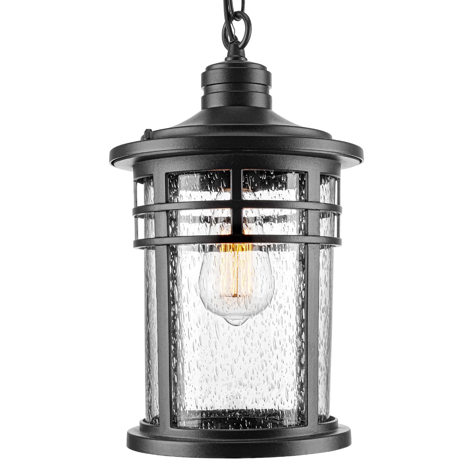 Darkaway Outdoor Pendant Light, 15in Aluminum Chandelier with Seeded Glass, Large, Black, Model 6X20H-M BK