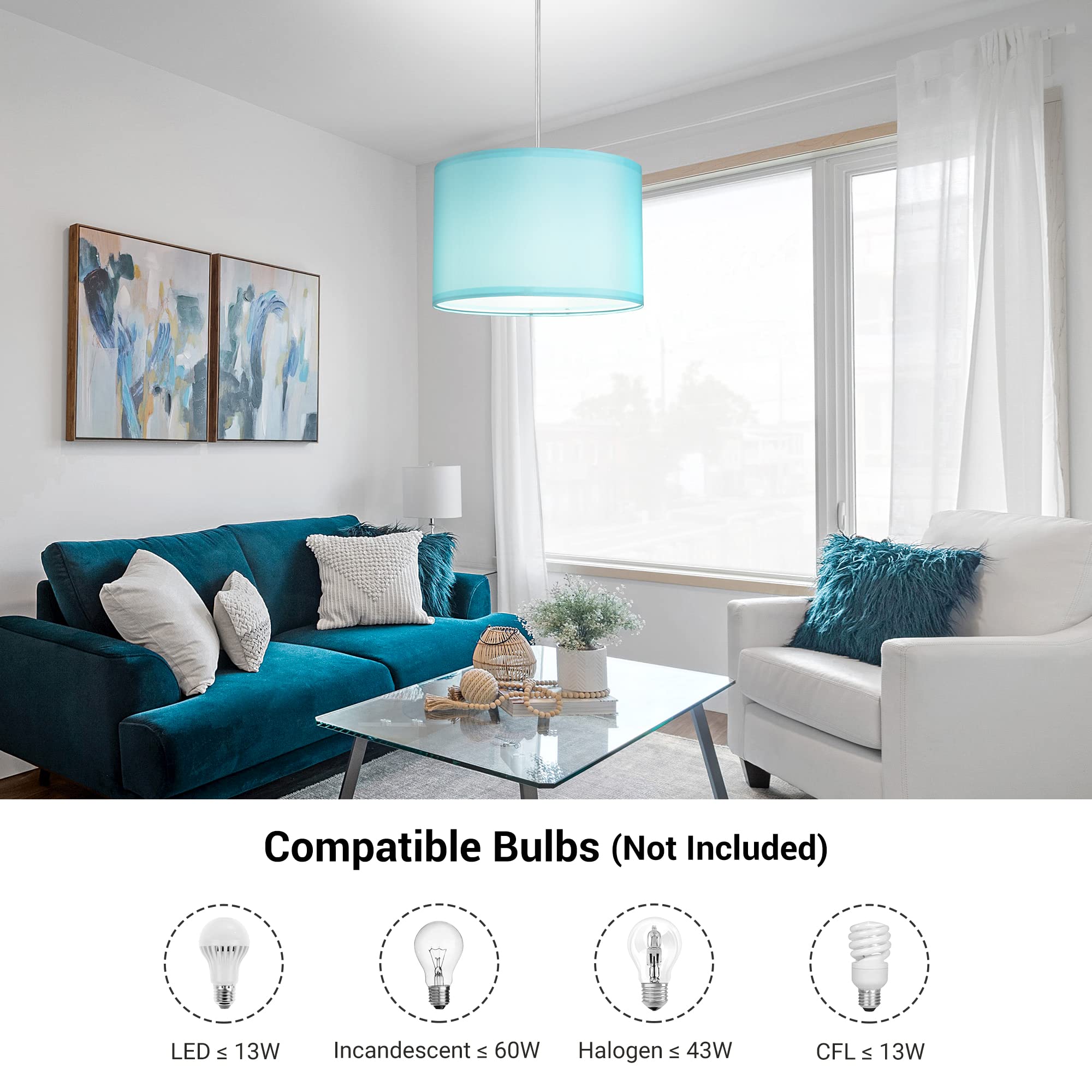 Dewenwils Plug In Pendant Light, Hanging Light With 15Ft Clear Cord, On/Off Switch, With Blue Lampshade, Hanging Light Fixture F