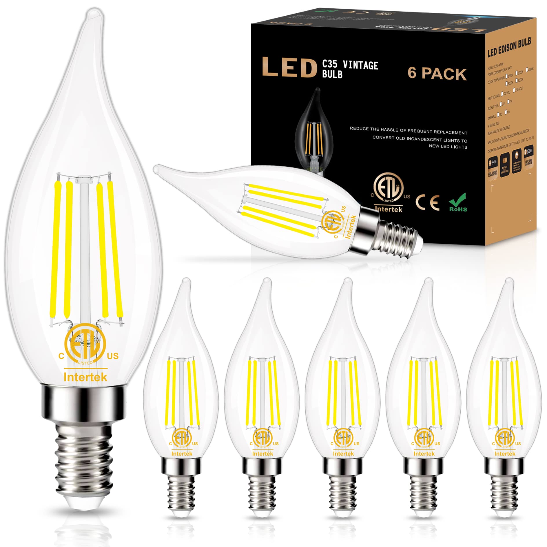 E12 Led Bulb Dimmable 4W 5000K Daylight, Type B Light Bulb Golspark 60W Equivalent, E12 Small Base Candelabra Led Light Bulbs, B