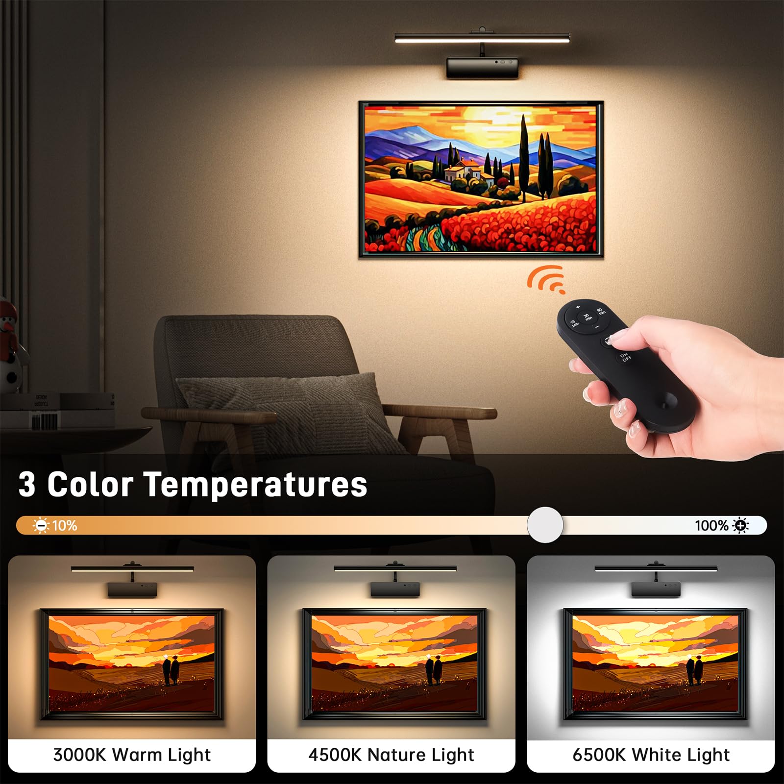 Picture Light  15.35Inch Wireless Picture Lights For Wall Rechargeable  5400Mah Battery Wall Light With Remote  3 Color Art Lighting For discomfort-reducingtings With Timer And Dimmable Artwork Display (Black-2Pcs)
