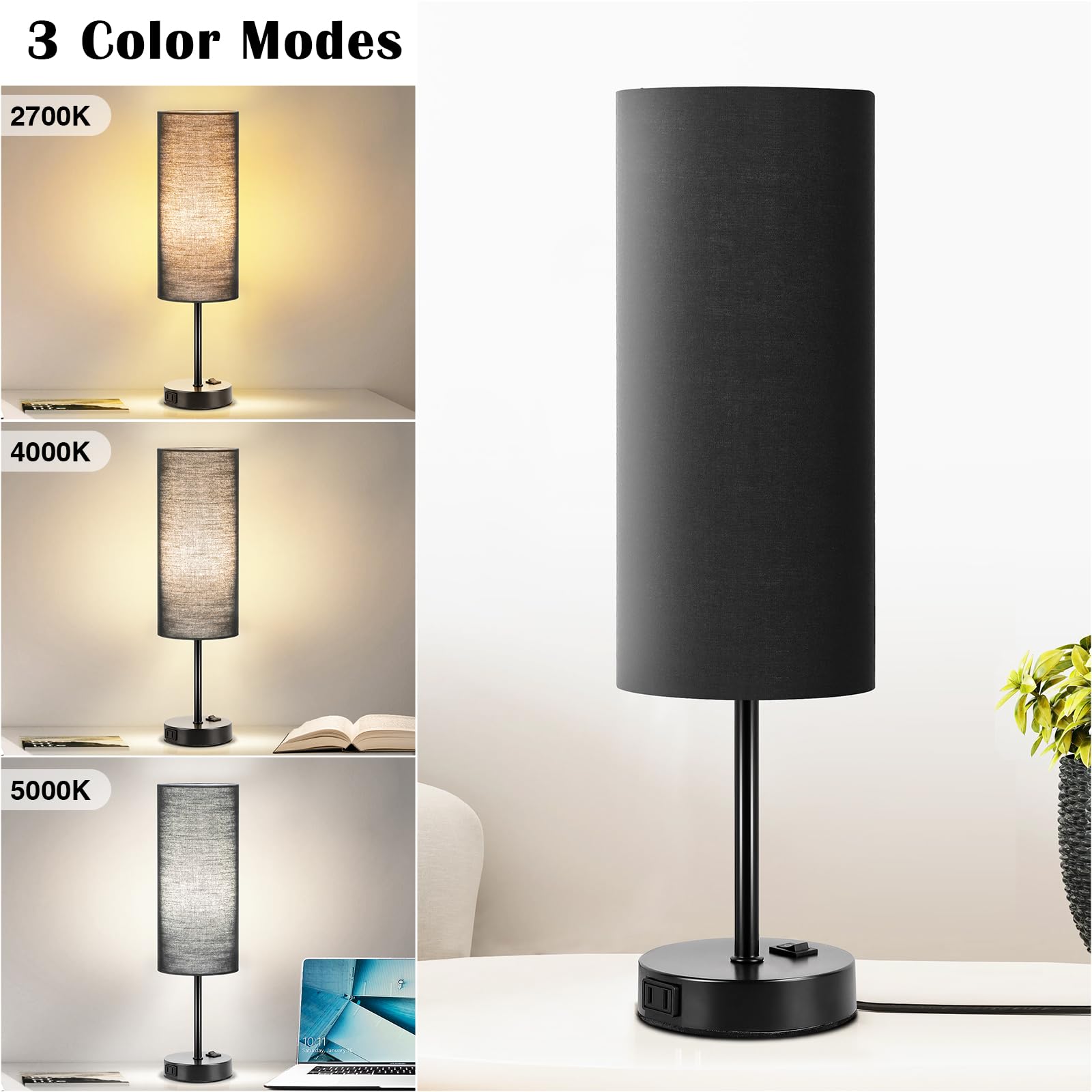 Zjojo Table Lamp For Bedroom 2 Pack,18In Bedside Lamps With 3 Way Dimmable Rocker Switch & Ac Outlet,Nightstand Desk Lamp With B