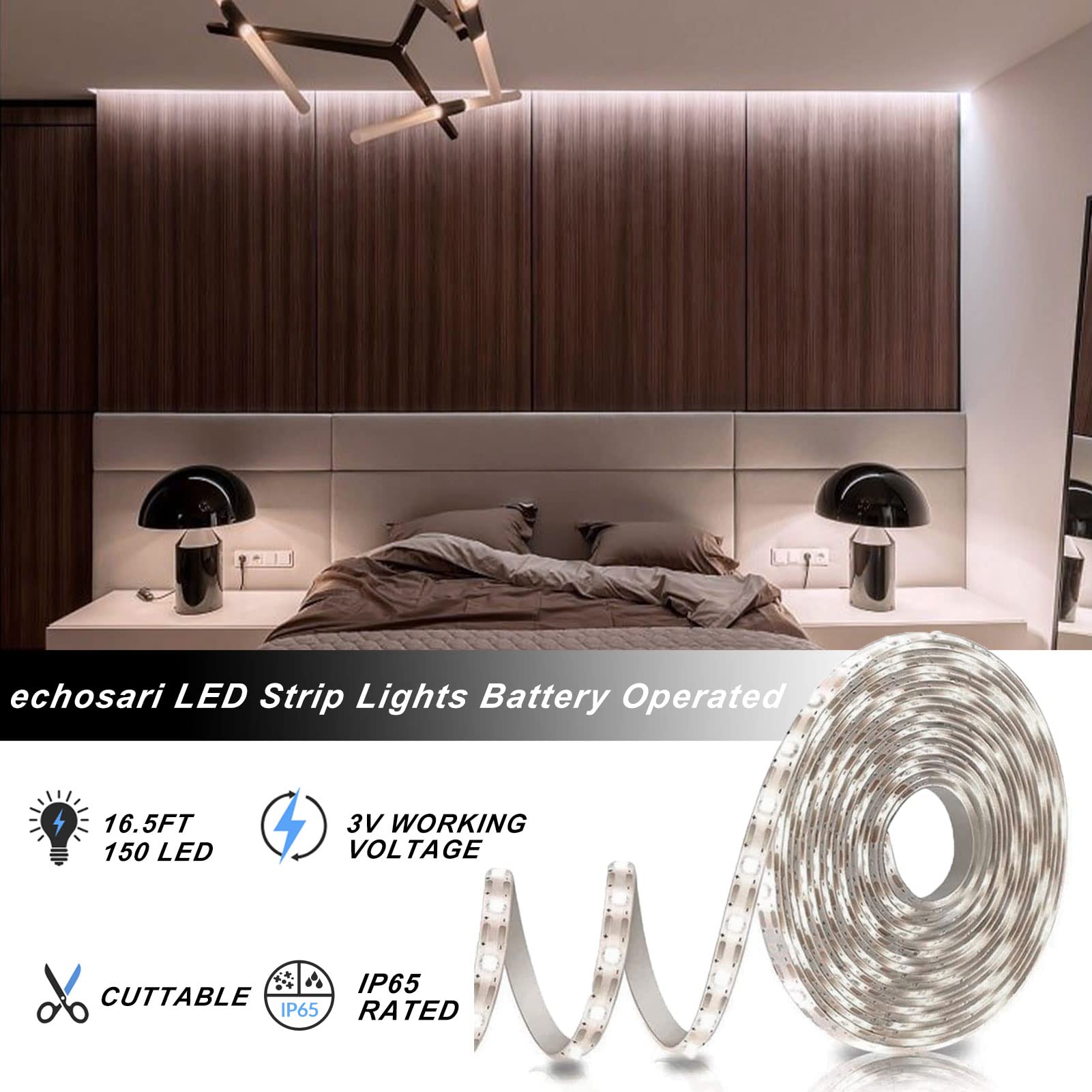 Echosari Strip Lights Battery Operated, 16.5Ft 150 Led 2835 Smd Closet Strip Lights With Remote For Bedroom, Kitchen, Cabinet Décor (Cool White)