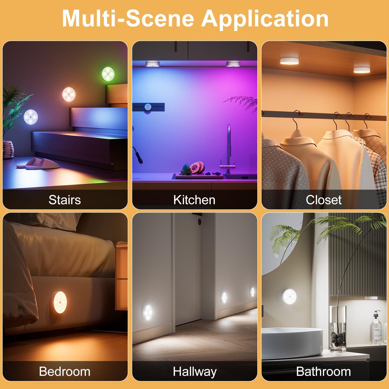 HOMEBEST Puck Lights with Remote, Rechargeable, 1500mAh, 13 RGB Colors, Dimmable, Magnetic, 4 Pack, Plastic