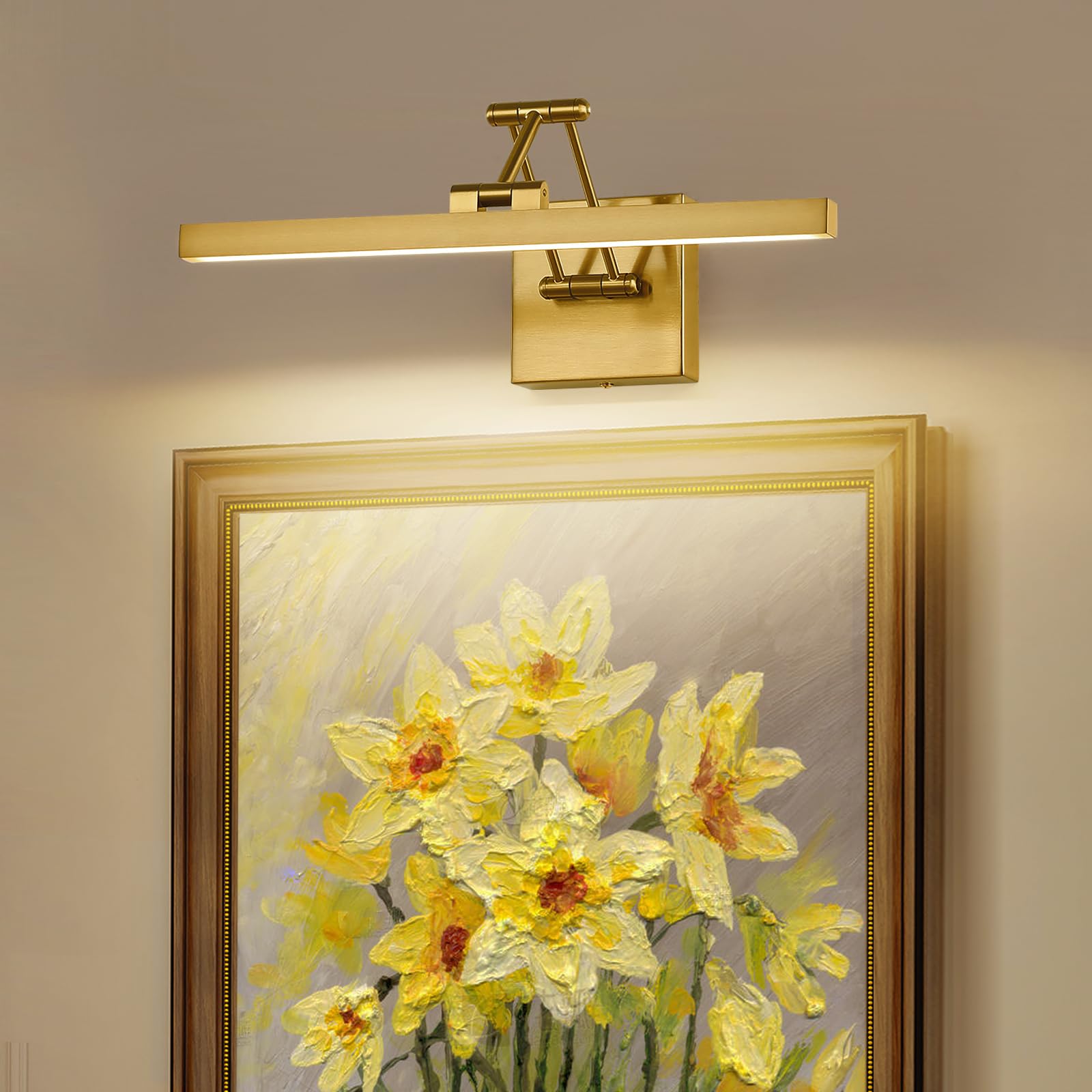 Pasoar 15.7 Dimmable LED Picture Light, Brass Wall Art Lamp with Adjustable Swing Arm, Warm White 3000K - Ideal for Paintings & Book Display