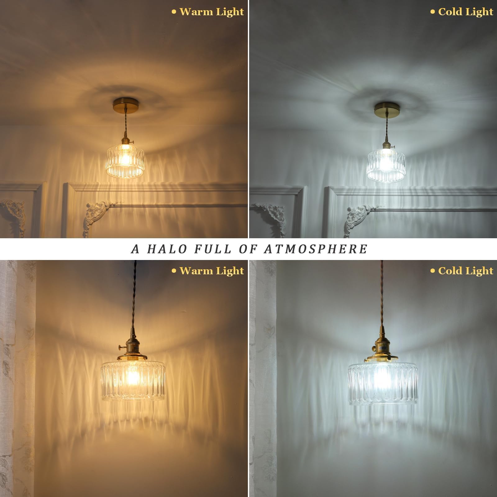Shenmoyl Pendant Light 2 Pack - Adjustable Brass Vintage Hanging Light with Clear Striped Glass Shade for Kitchen Island, Dining Room, Hallway