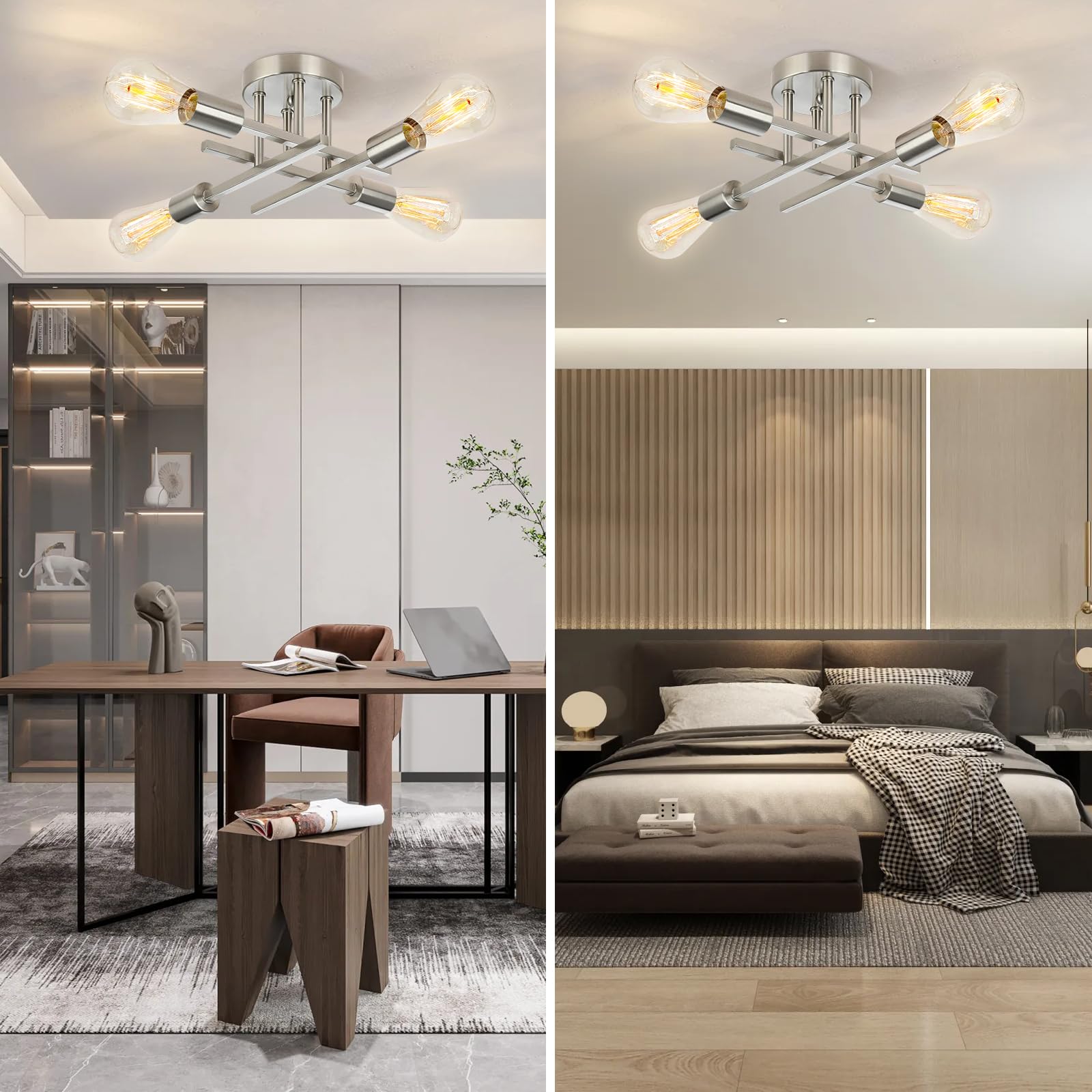 Ceiling Light  Dining Room Light Fixture With E26 Base  Semi Flush Mount Ceiling Light Fixture  Kitchen Lighting Fixtures Ceiling  4-Light Matte Nickle Chandelier For Bedroom
