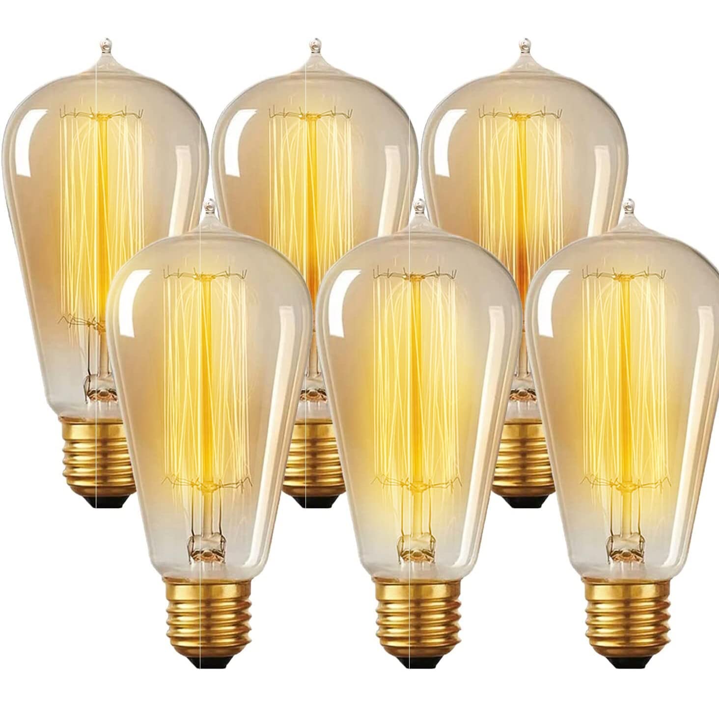 Vintage Incandescent Edison Light Bulbs 60W (6 Pack)- E26/E27 Base 2100K Dimmable Decorative Lightbulbs - St58 Style Amber Warm