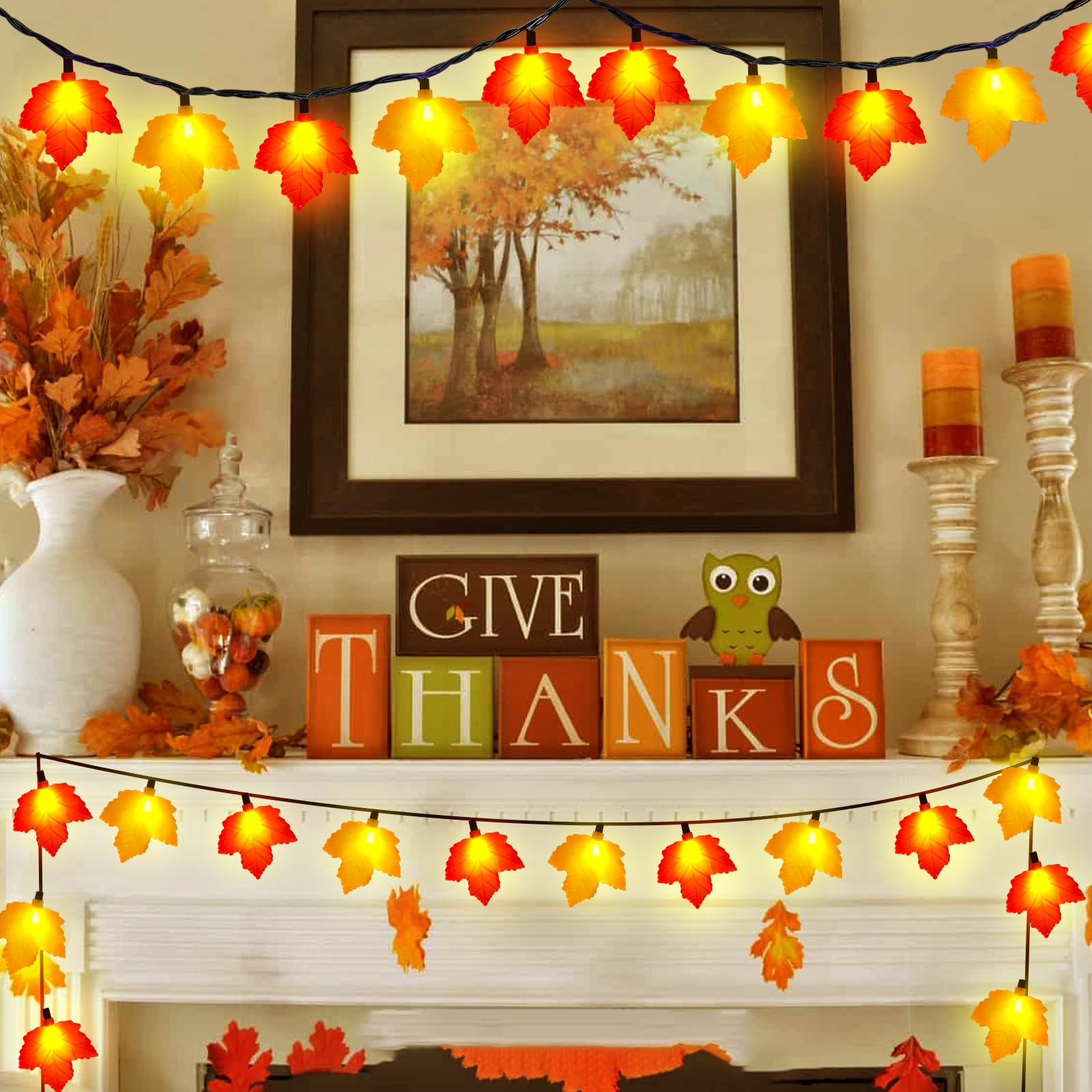 Abeja Fall Maple Leaf Lights  8.5Ft Led Leaf String Lights With 10 3D Orange Yellow Leaves  Indoor Outdoor Fall Lights For Bedroom Thanksgiving Party Garden Patio