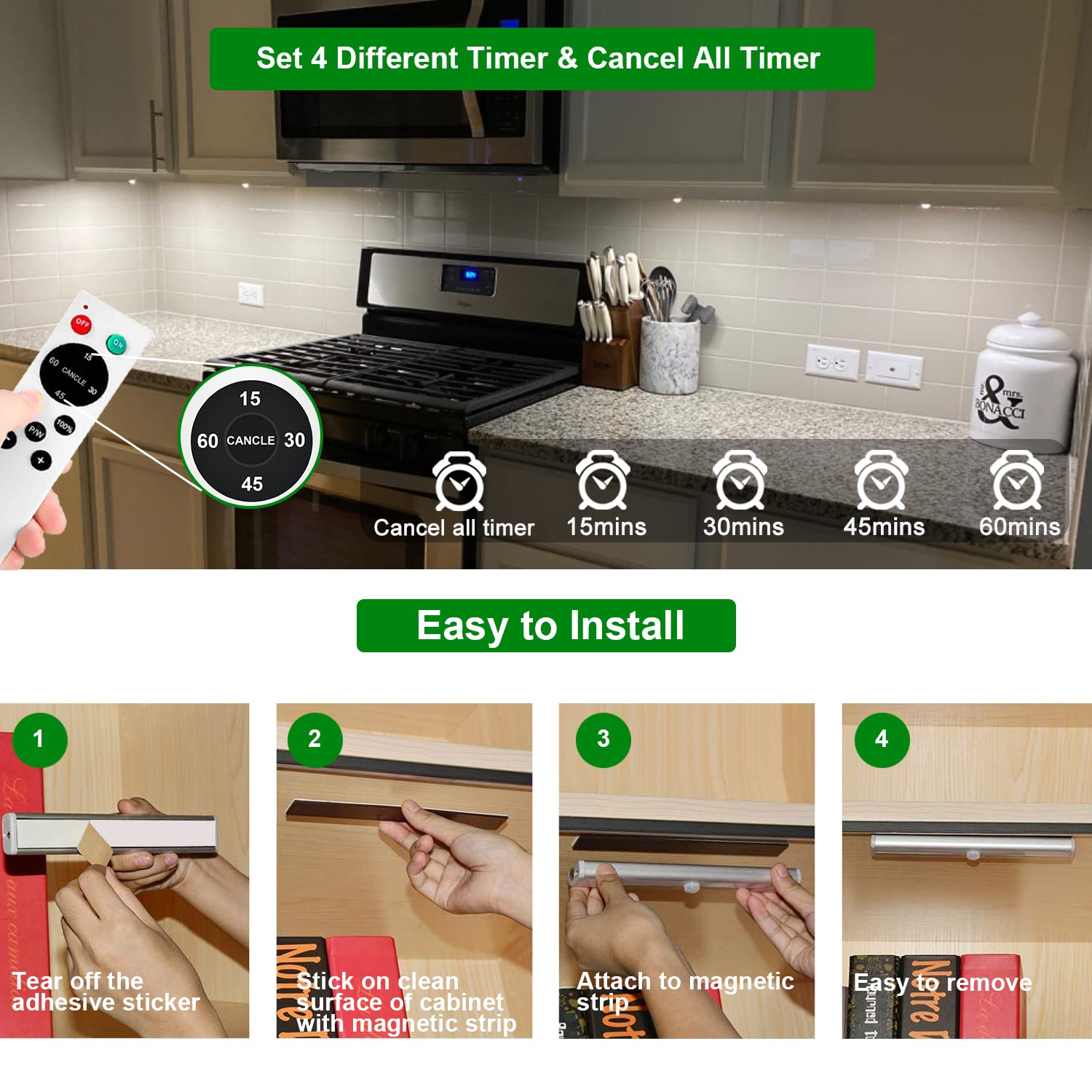 Szokled Wireless Under Cabinet Lighting, Dimmable 20 Led Nightlight Bar, Remote Control, 4 Pack