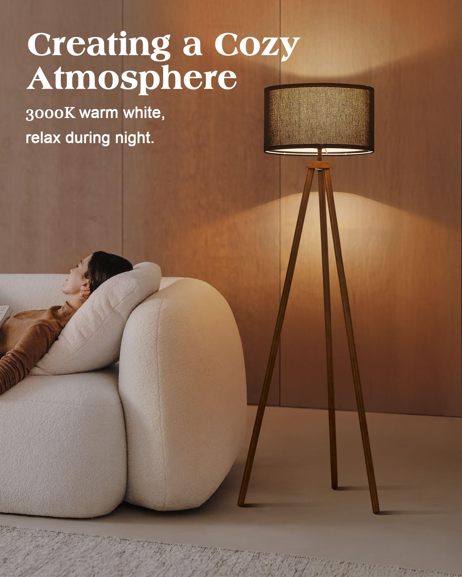 ELYONA Wood Tripod Floor Lamp, Modern Design with Black Drum Shade, 3 Color Temperatures, ETL Listed, Walnut & Black, Model UF1101-FB