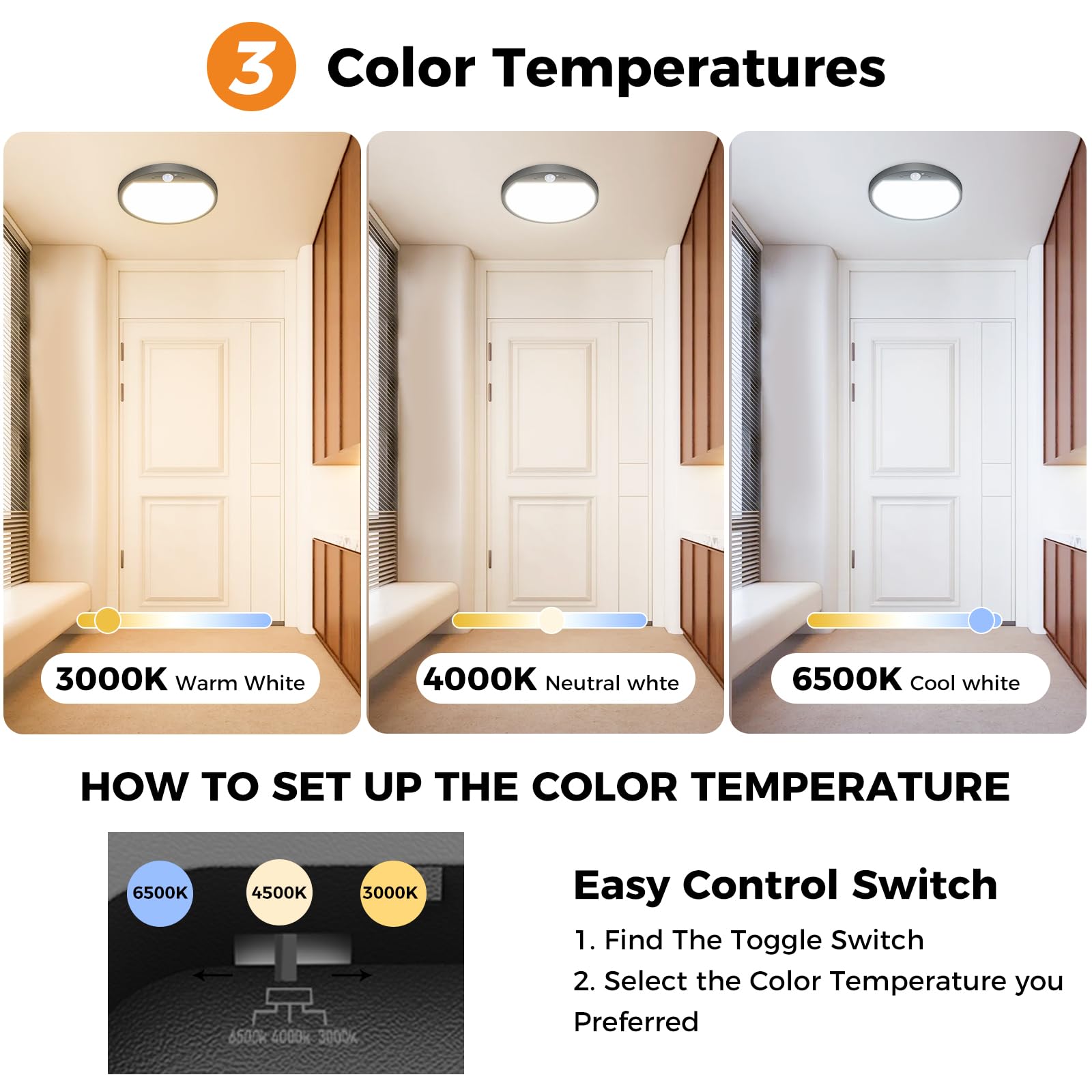 slochi Motion Sensor Ceiling Light, 15W 1500LM, 3000K/4000K/6500K, 7 Inch, Black, Plastic, Hardwired, Indoor