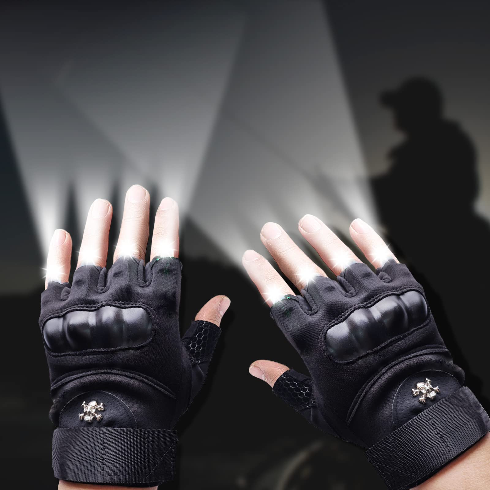 Cyuanxgr LED Flashlight Gloves, Half Finger Lighted Gloves Gifts for Men Women, Flashlight Gloves with 8 LEDs Stocking Stuffers