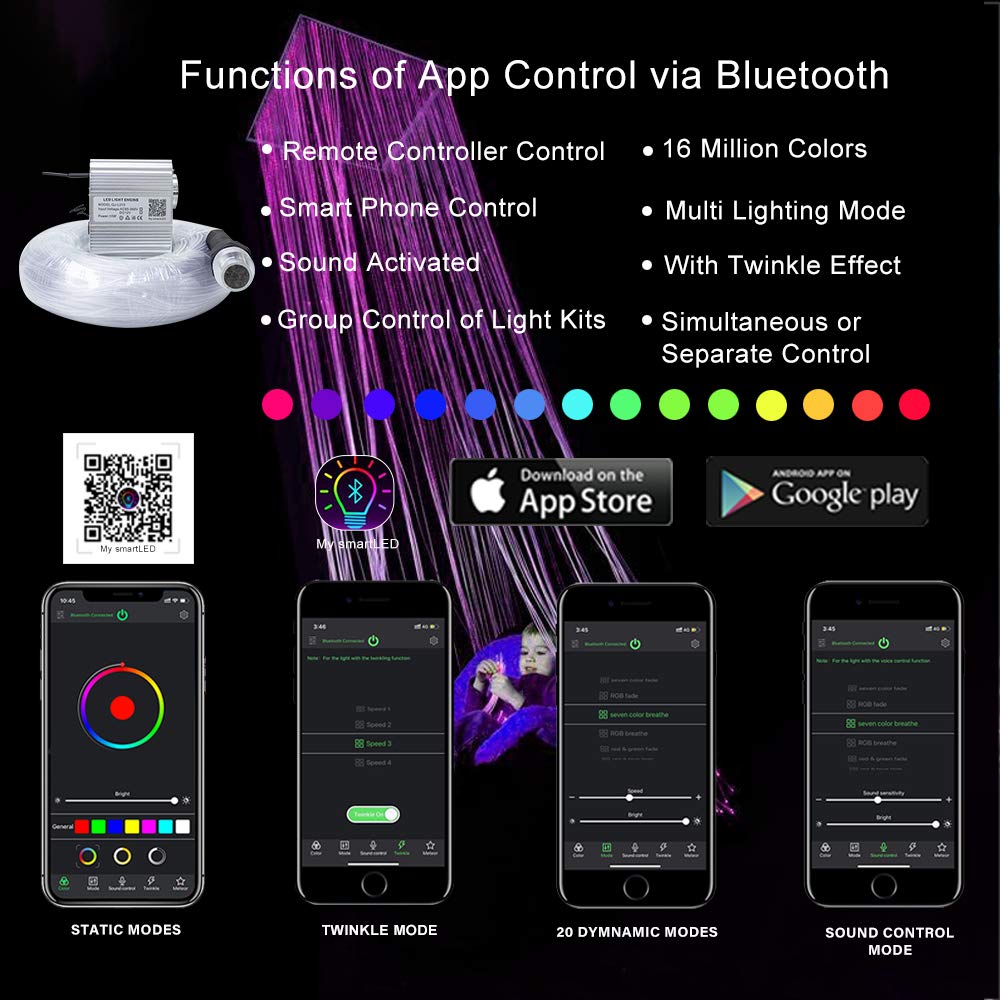 AKEPO Fiber Optic Sensory Lights - 10W RGBW, Bluetooth Control, 50pcs of 6.5ft/2m, Multicolor, Model FP, Aluminum/Silicone