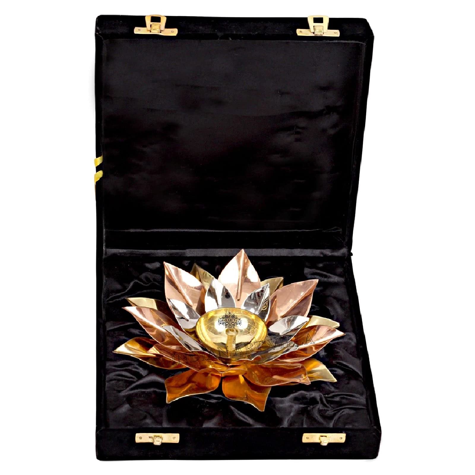 INDIAN ART VILLA Silver Gold & Copper Plated Lotus Design Akhand Diya Deepak, Arti Poojan Temple Home Dcor, Width 8 Inch