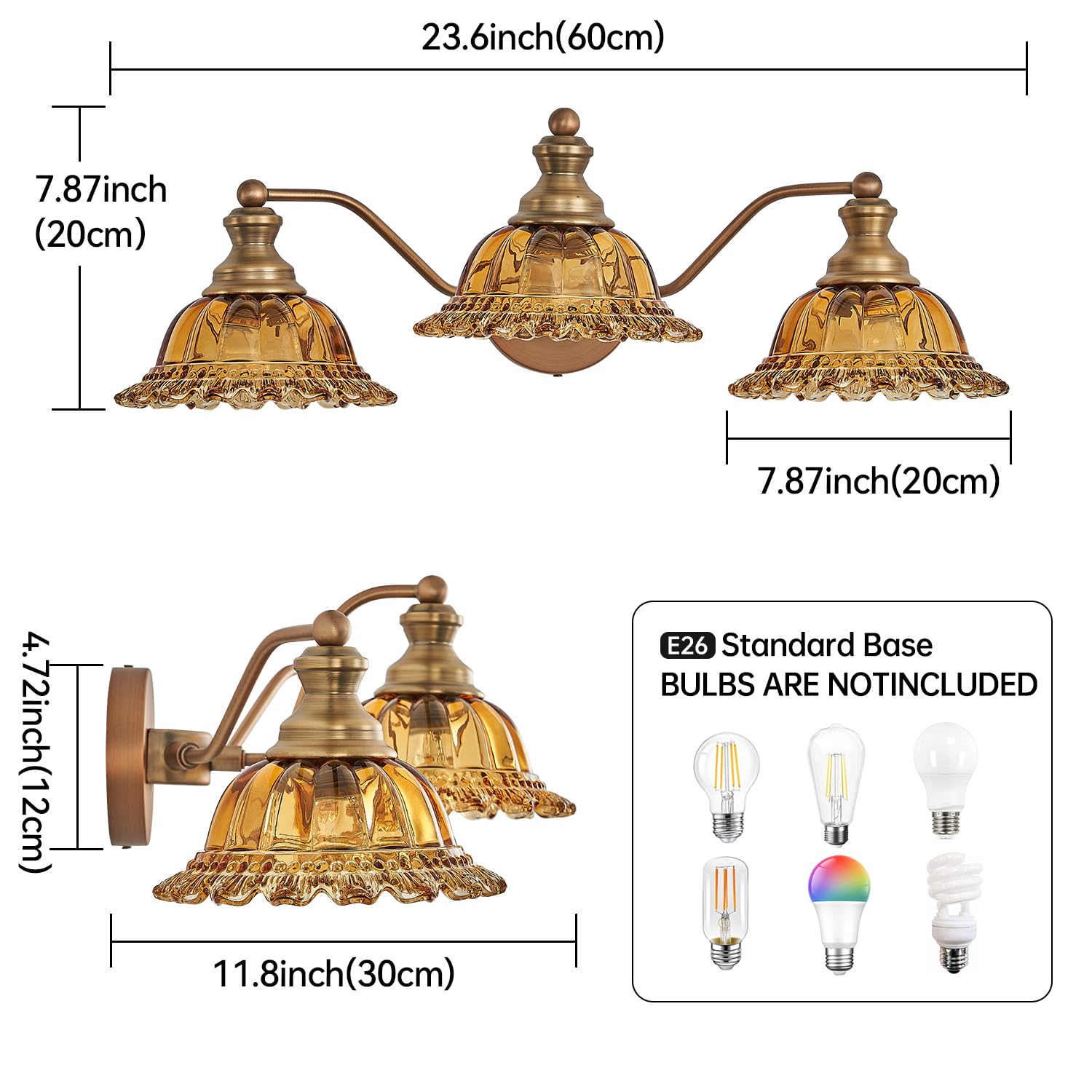 XIEDUN 3 Light Vanity Fixture - Brass and Tea Colored Glass, Metal, Model W338-3SC