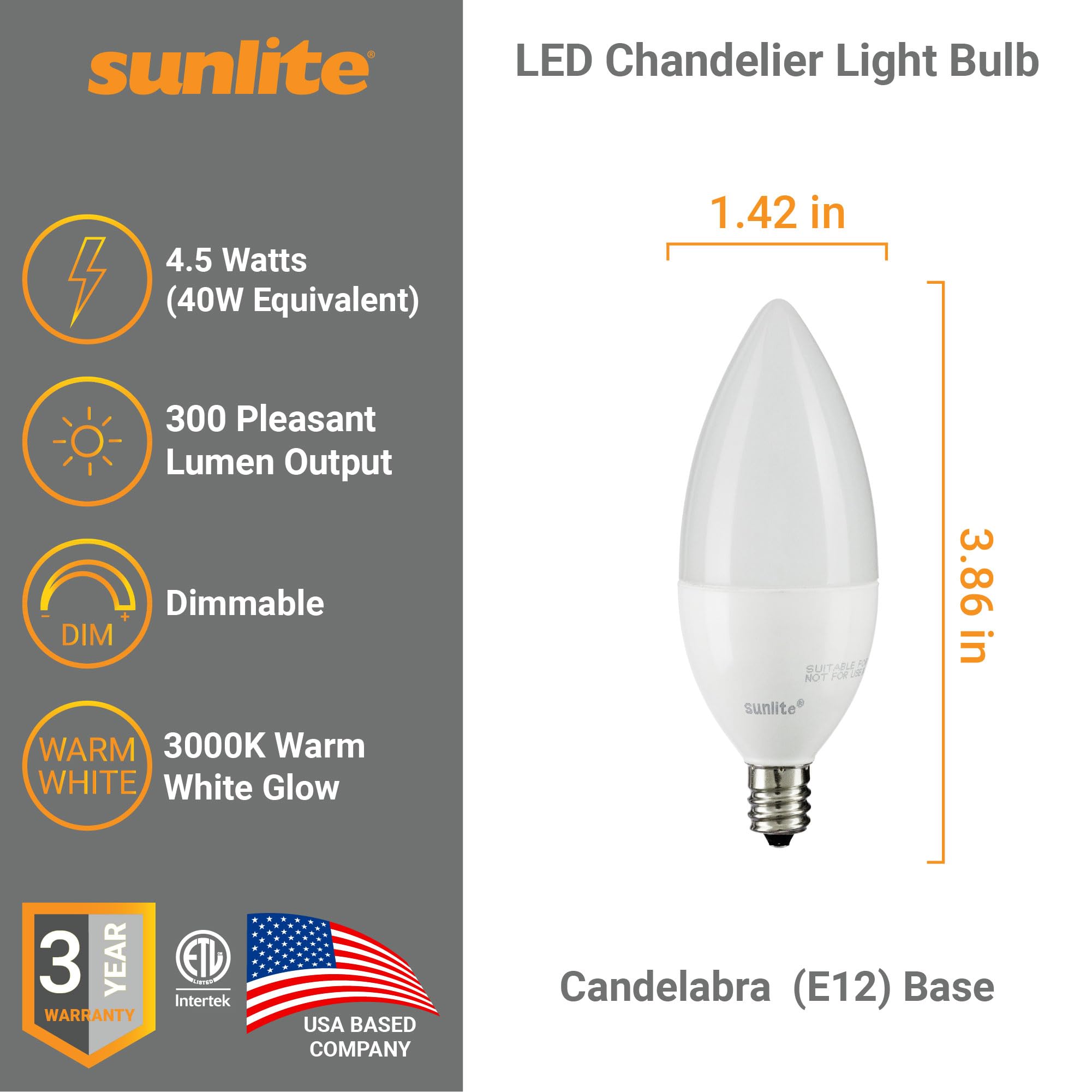 Sunlite LED B11 Chandelier Light Bulb, 4.5W (40W Equivalent), 3000K Warm White, Dimmable, E12 Base, 6 Count