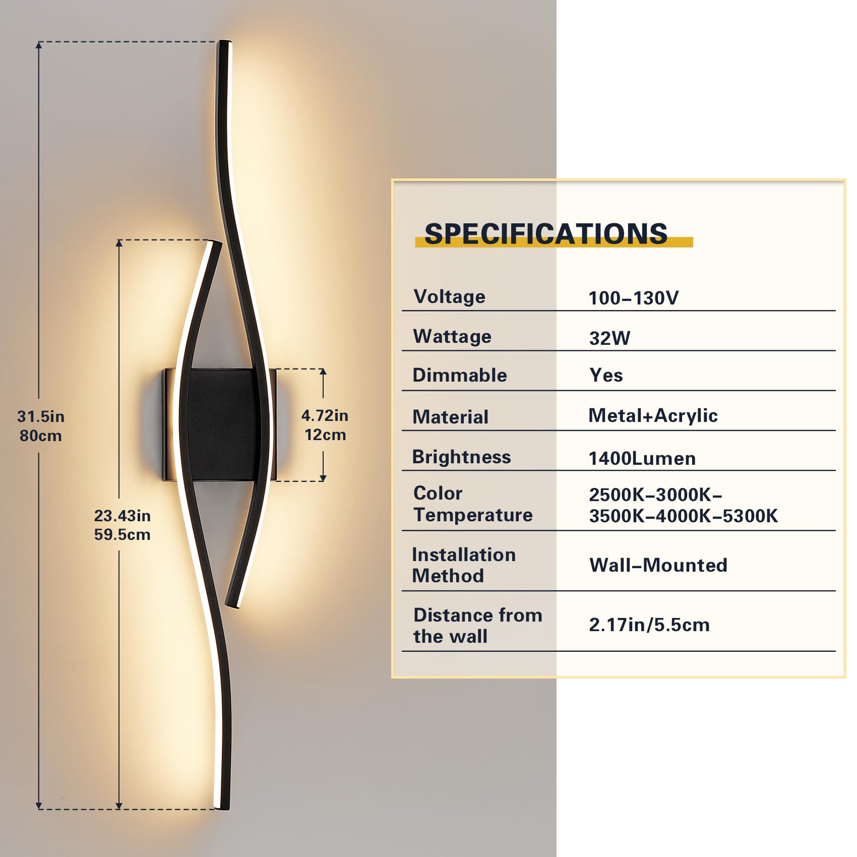 Joossnwell Bathroom Vanity Light Bar 31.5 Inch Black Dimmable Aluminum Wall Lamp Model 3217
