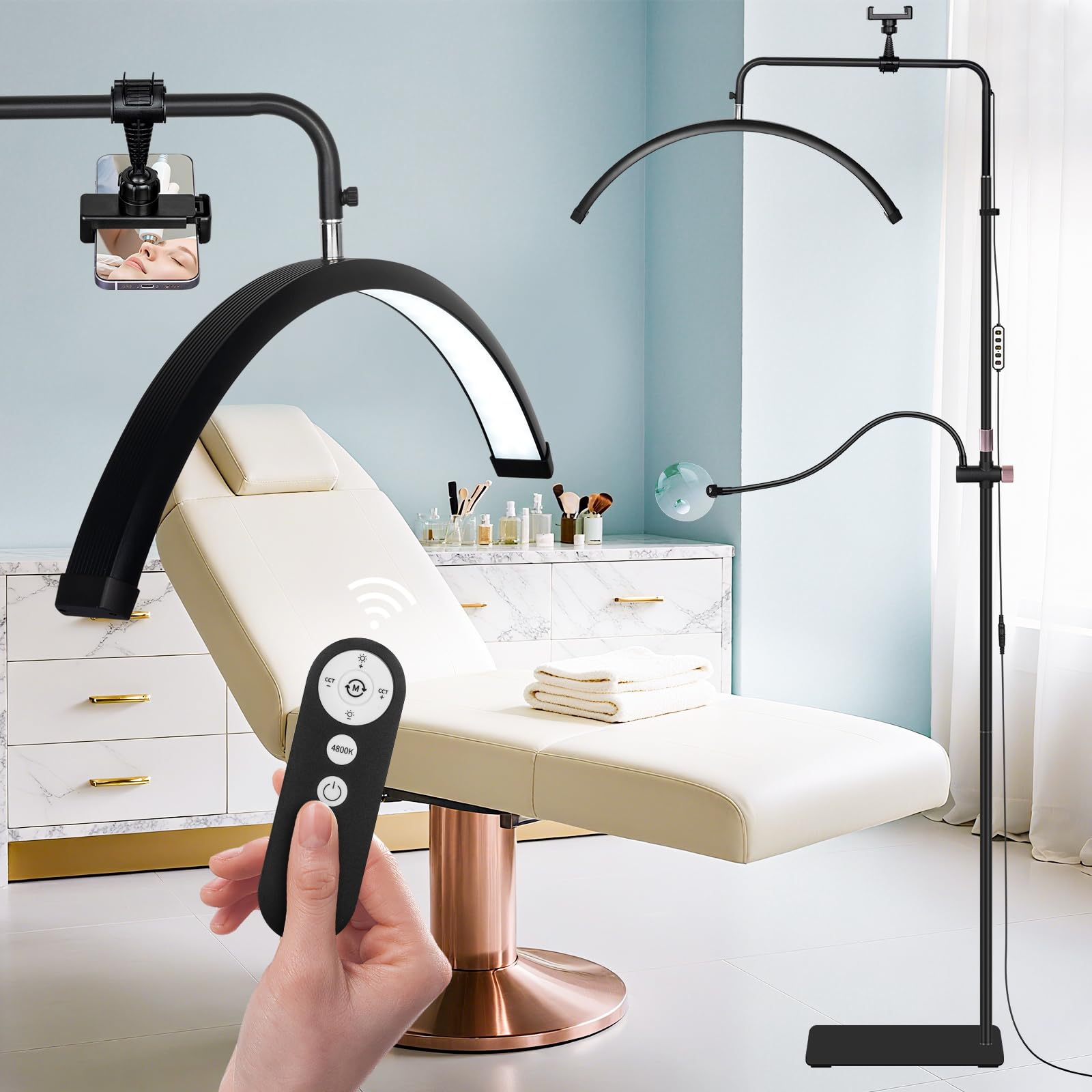 KIRKAS Half Moon Lash Light with 5X&10X Magnifier, Adjustable Floor LED Lash Lamp for Eyelash Extensions,Tattoo, Esthetician, Na