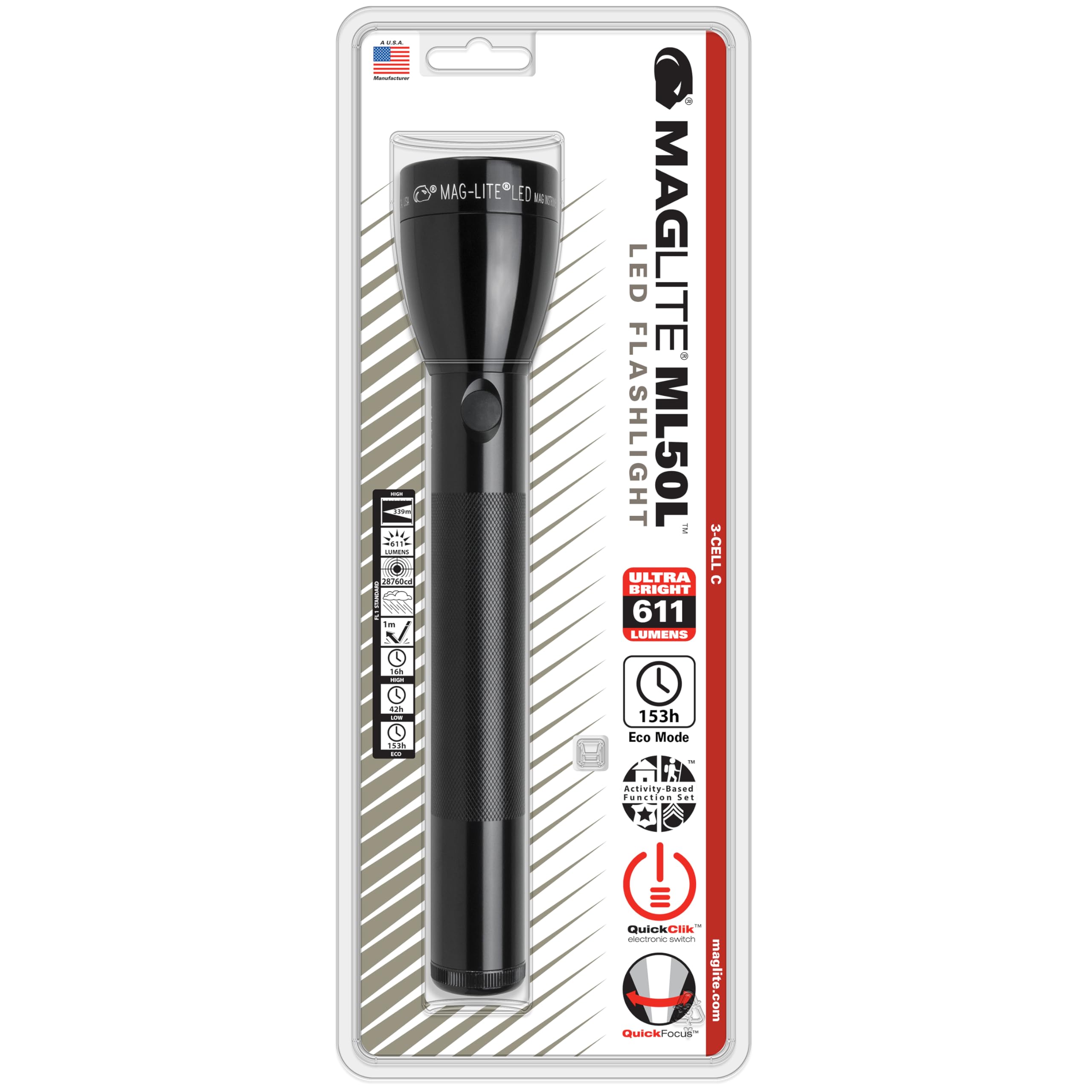 MagLite ML50L LED Flashlight - 3-Cell C, Black, Blister Pack, Model ML50L-S3016, Other Material