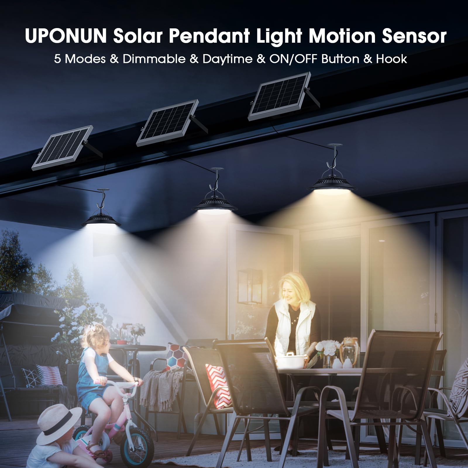 Uponun Solar Pendant Lights With Motion Sensor, 5 Modes Dimmable, Waterproof For Indoor/Outdoor
