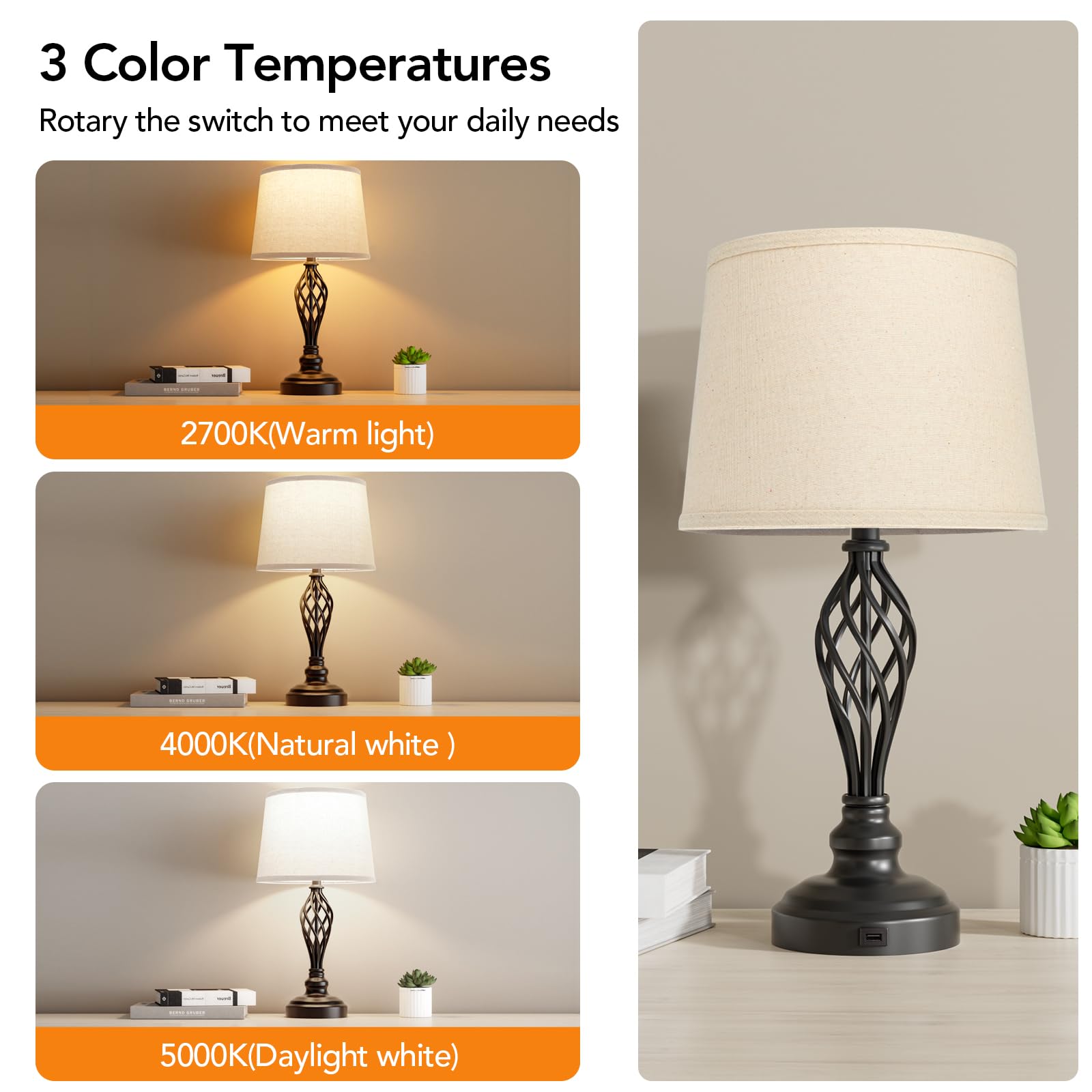 Partphoner Set Of 2 Table Lamps With Usb Port, Farmhouse Bedside Lamps With 3-Color Temperature, Nightstand Lamp Large Cream Dru