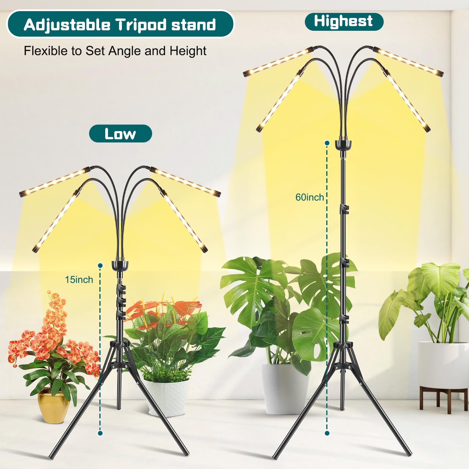 yentbokj Full Spectrum Grow Lights for Indoor Plants, Adjustable Tripod Stand, Timer & Remote Control, 15-63 inches