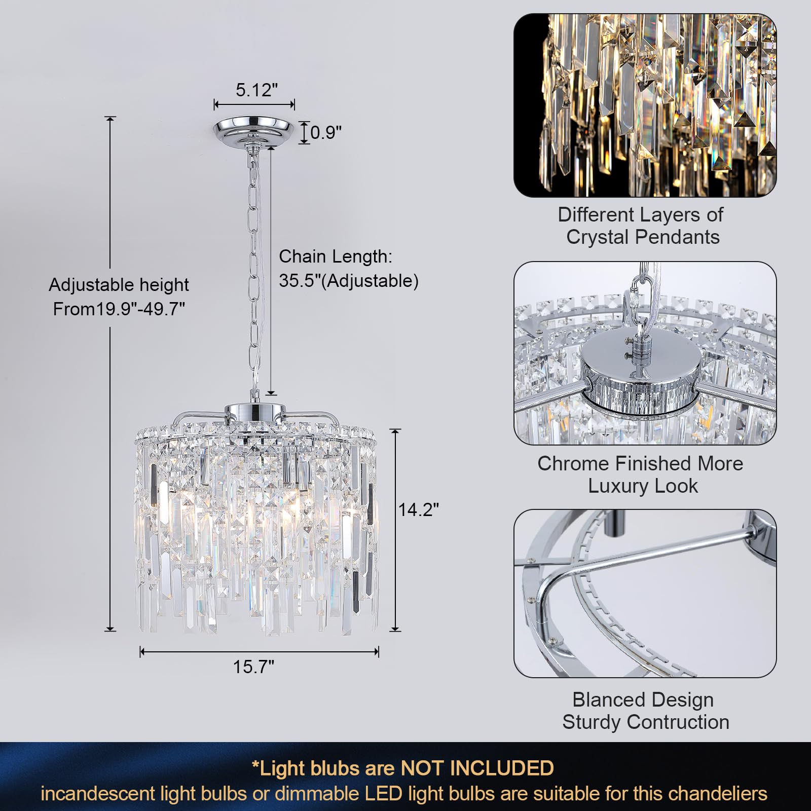 Chrome Crystal Chandelier Small Crystal Pendant Light Fixture 16'' Raindrop Flush Mount Hanging Chandelier With Adjustable Chain