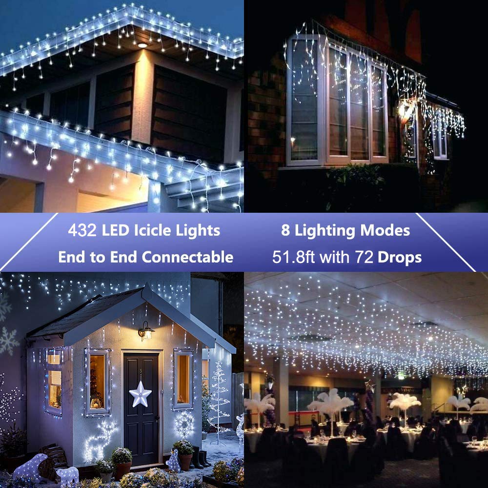 LYHOPE Icicle Christmas Lights, 432 LED, 35.4ft, 8 Modes, Pure White, Model JT-EL/FC300V0200-C, Indoor/Outdoor Decor
