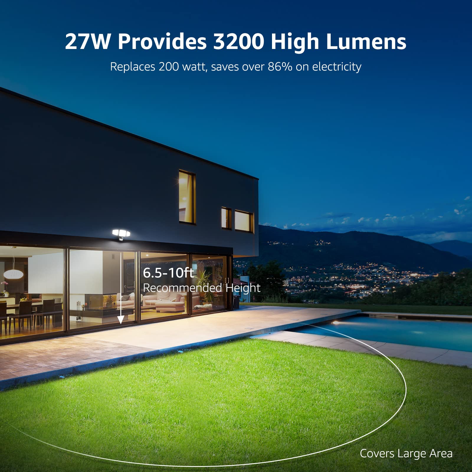 Lepro LED Motion Sensor Security Light, 27W 3200LM, 3 Adjustable Heads, IP65 Waterproof, Black