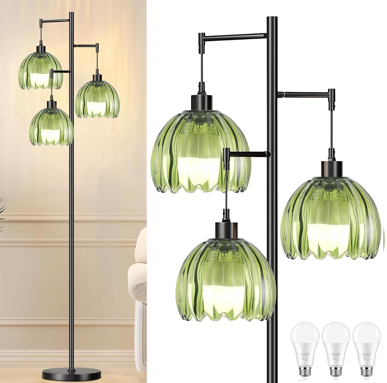 Illmtw Glass Floor Lamp For Living Room,Bedroom,Black Mid Century Modern Standing Lamp Brass Tree 3 Light Tall Floor Lamps Vinta