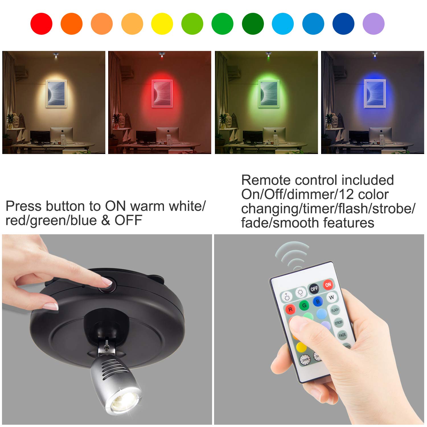 LUXSWAY Mini Accent Spotlights, Battery Operated LED Puck Lights, 12 Color Changing, Dimmable, Black+Silver Head, 2 Pack