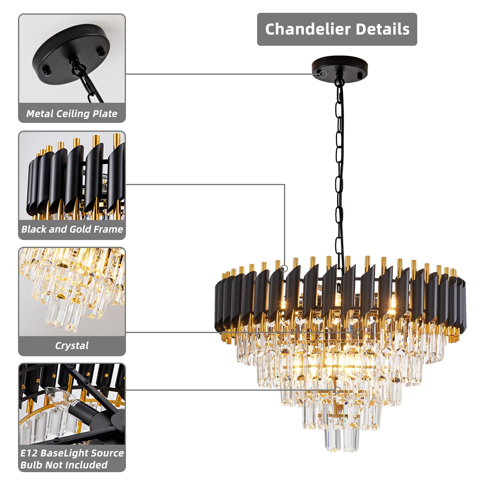 Aixialin 10-Light Large Crystal Chandelier 24'' Dining Room Light Fixtures 5 Tiers Flush Mount Black And Gold Chandelier Round L