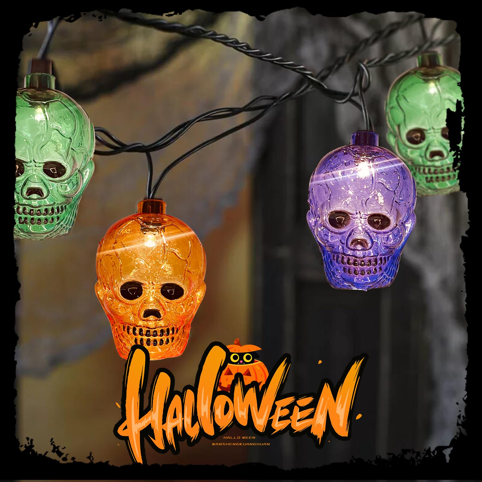 GOOTHY Halloween Skull String Lights - 8.5Ft LED Decor, Orange/Purple/Green, Indoor/Outdoor, Plug-in, Model LR-LED-L-10E/1F-D