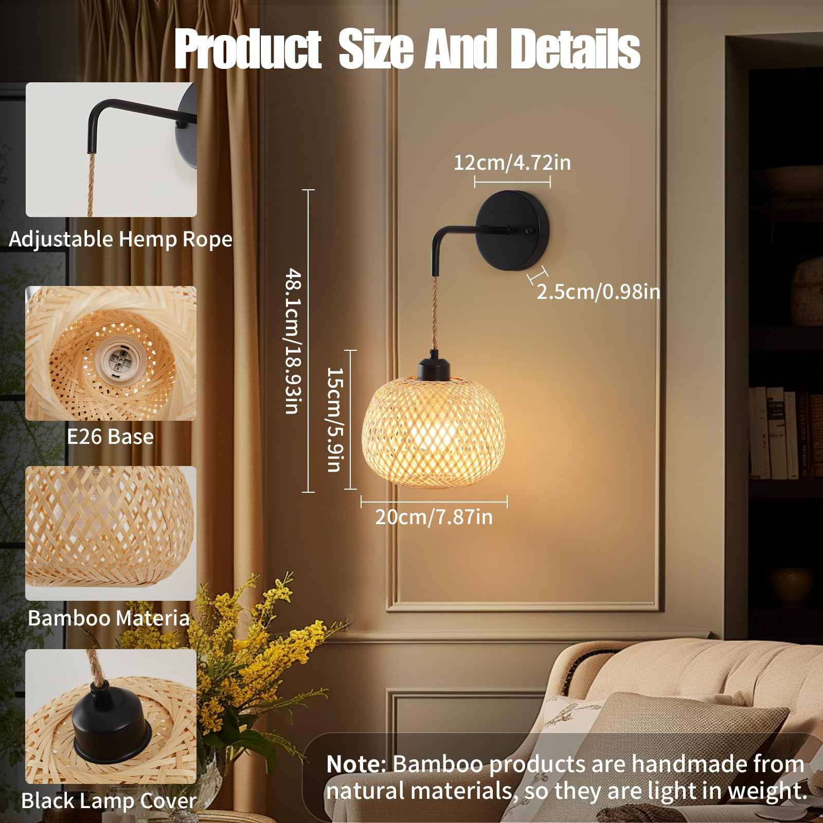 Vitnucrol Battery Operated Wall Sconce Set Of Two, Bamboo Rechargeable Wireless Sconces With Remote, Dimmable Non-Hardwired Farmhouse Boho Wall Lights For Bedroom Living Room (Black)