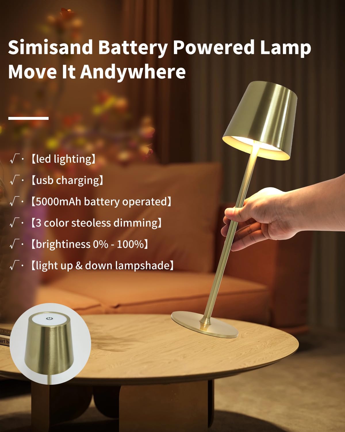 2 Pack Cordless Table Lamp,Portable Led Desk Lamp, 5000Mah Battery Operated Lamp, 3 Color Stepless Dimming Up, For Restaurant/Be
