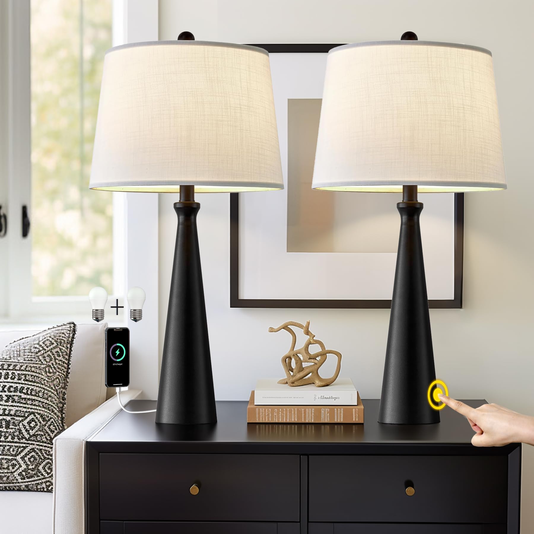 Oneach 25.75'' Table Lamps Set of 2 for Living Room Bedroom, Bedside Lamp 3-Way Dimmable Touch Control, Modern Black Nightstand 