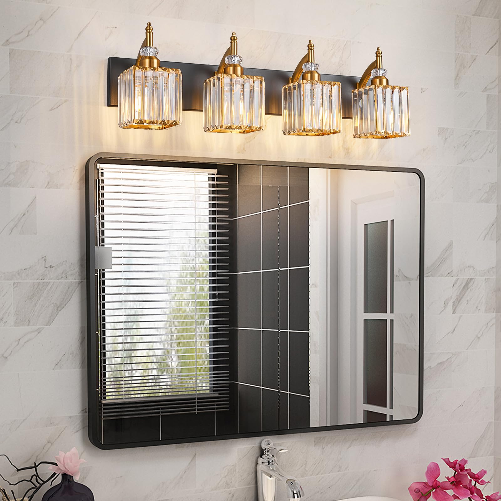BBLLWJ Crystal Vanity Lights - 4-Light Metal Bathroom Fixture Over Mirror - Black Gold - Model 655