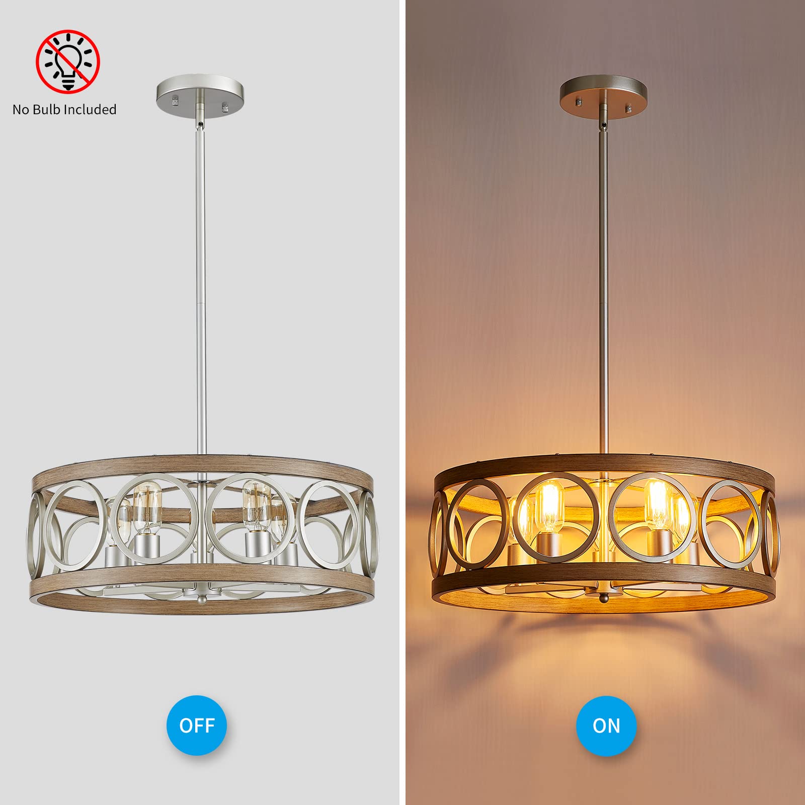 Xingqi Rustic Chandelier Brushed Nickel, Drum Chandeliers For Dining Room Modern Light Fixture Over Table Farmhouse Metal Wood Grain Pendant 5 Lights