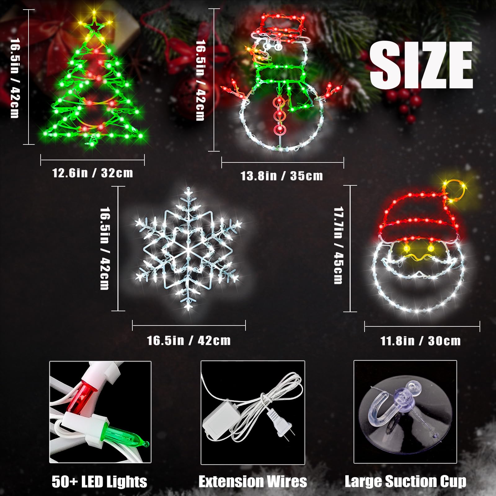 Christmas Decorations Indoor, 16.5"Led Christmas Window Lights Decorations - 4 Pack Window Christmas Lights Christmas Tree & Snowflake & Santa & Snowman For Christmas Decorations Indoor Home Decor