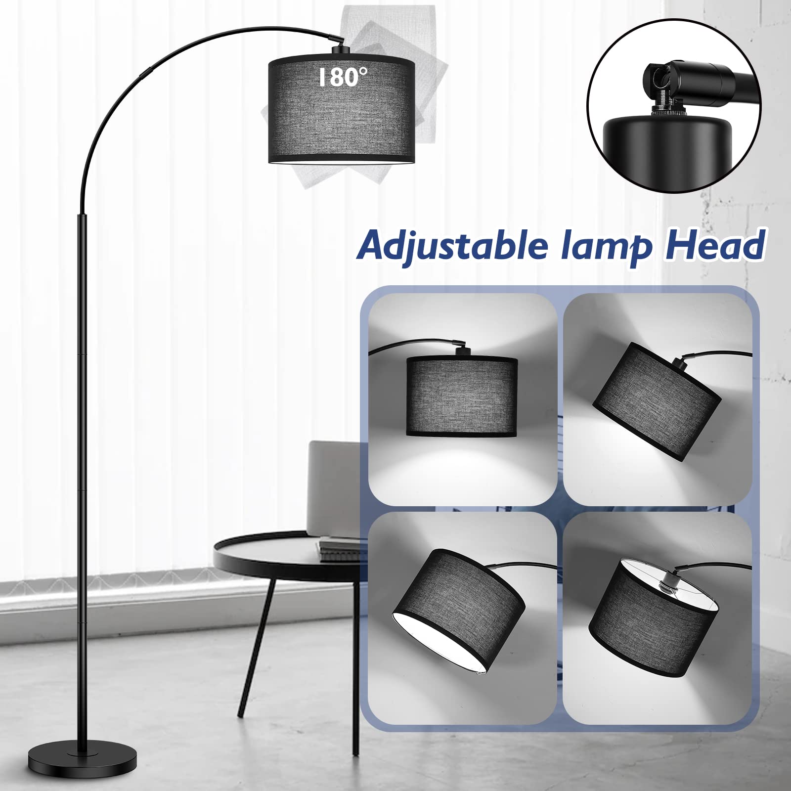 Arc Floor Lamps For Living Room, Modern Remote Control Standing Lamp With Stepless Dimmable, Black Tall Lamp With Black Drum Sha