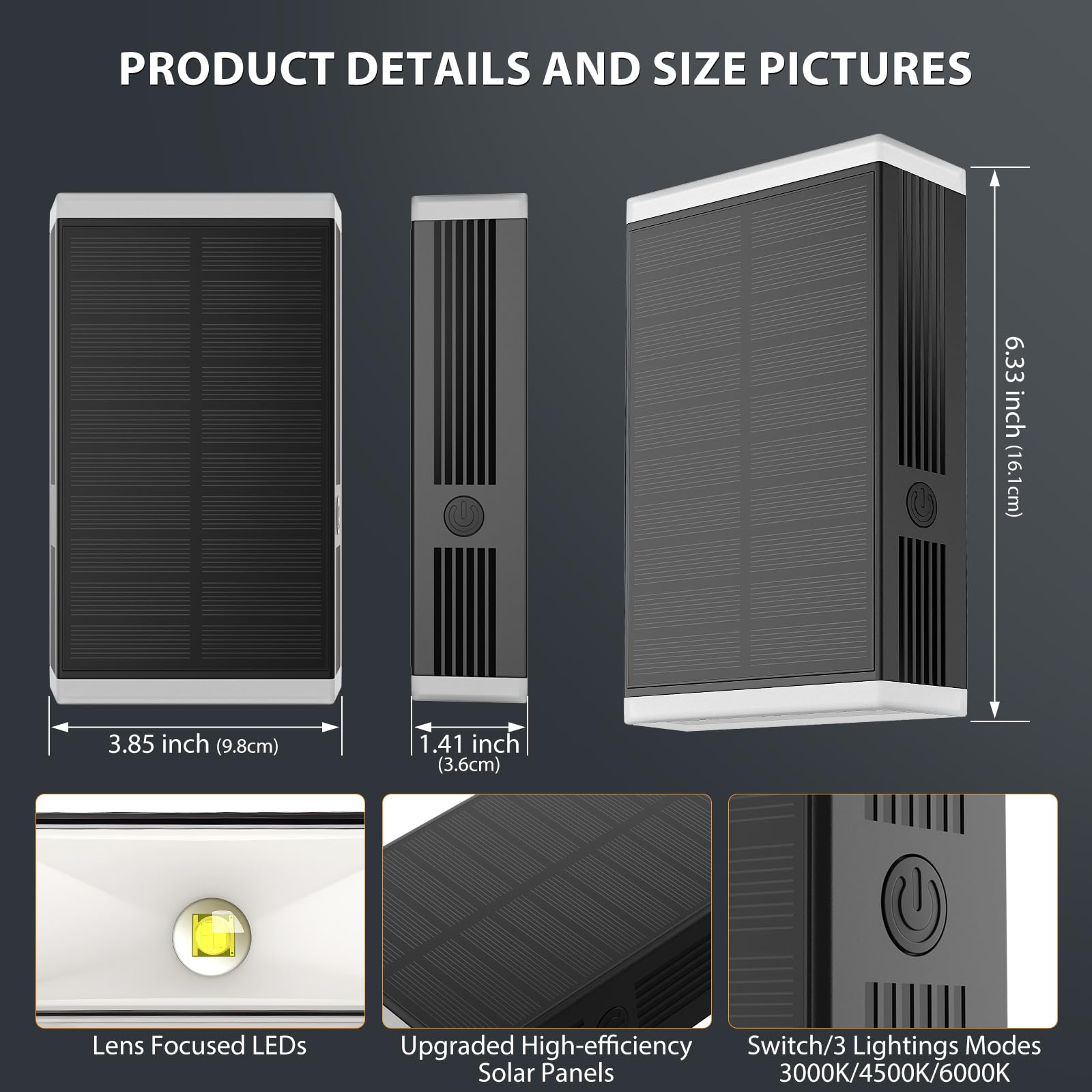 UGDLUCK Solar Wall Light Outdoor, IP67 Waterproof, 3000/4000/6000K, 1 Pack, Durable ABS, Model CD006