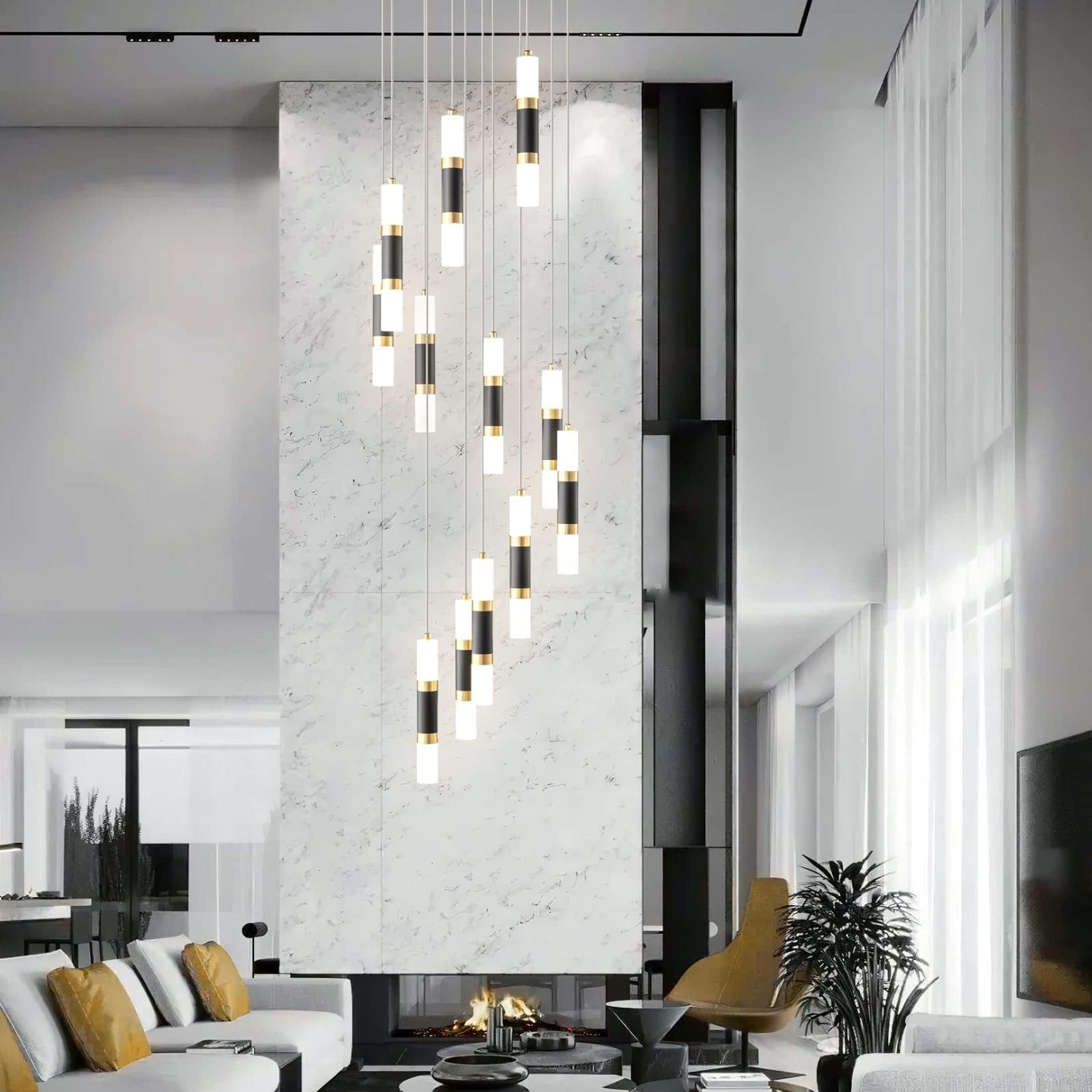 Liangmh Modern Kitchen Island Black Gold Ceiling Pendant Light Dimmable Led 72W Staircase Large Chandelier Lobby Bedroom Living