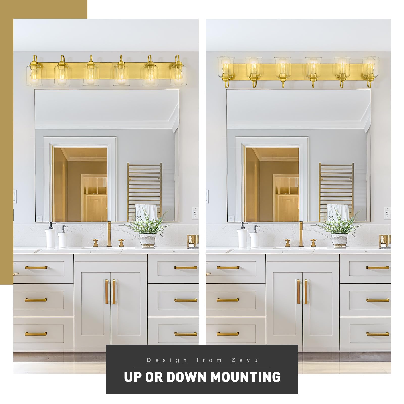 Zeyu 44 Inch Brushed Gold Bathroom Light Fixtures, 6 Lights Vintage Wall Light, Modern Vanity Light With Clear Glass Shade, Zsl7