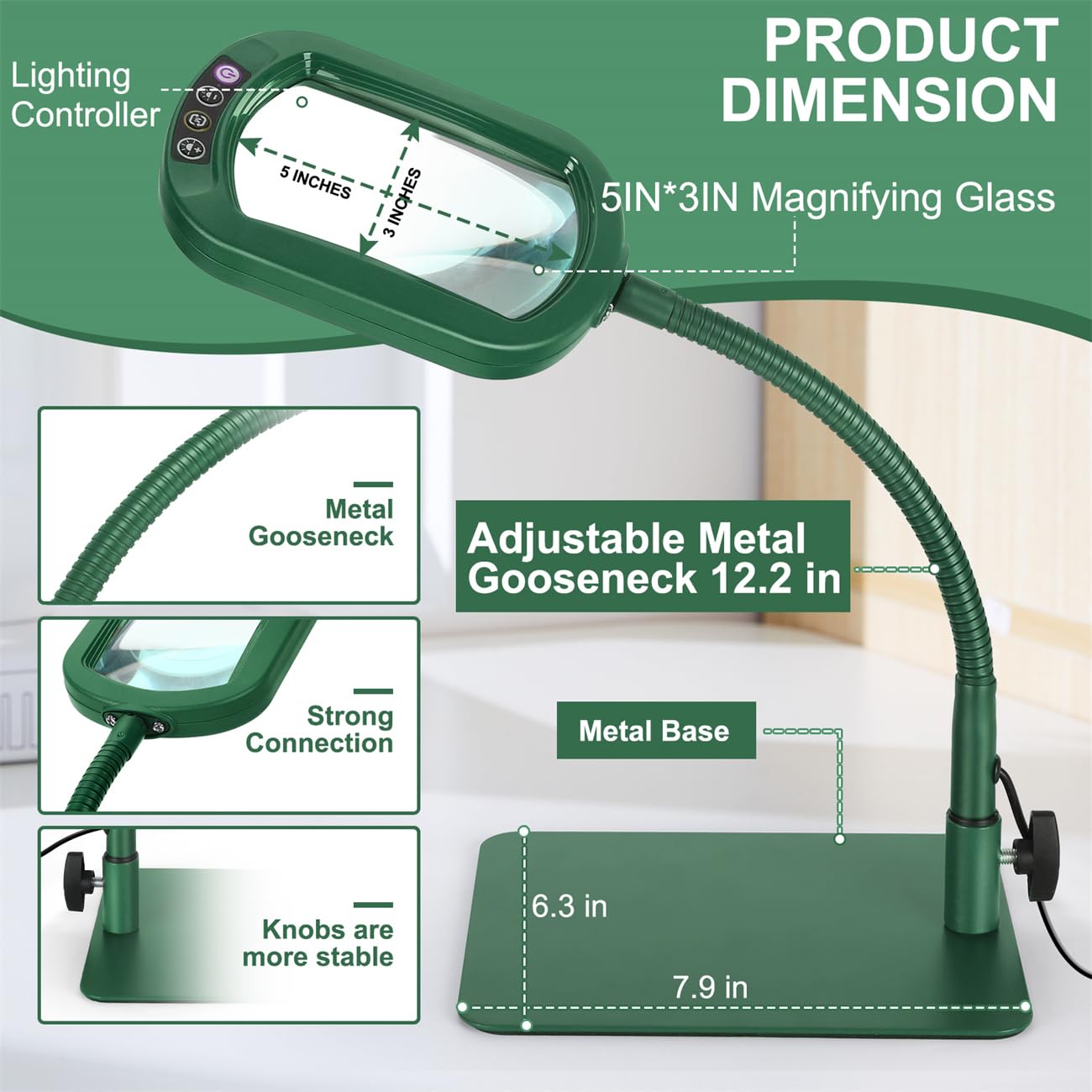 Veemagni 10X Rectangle Magnifying Glass, LED Lighted Desk Lamp, Flexible Gooseneck, Green, Model GE602
