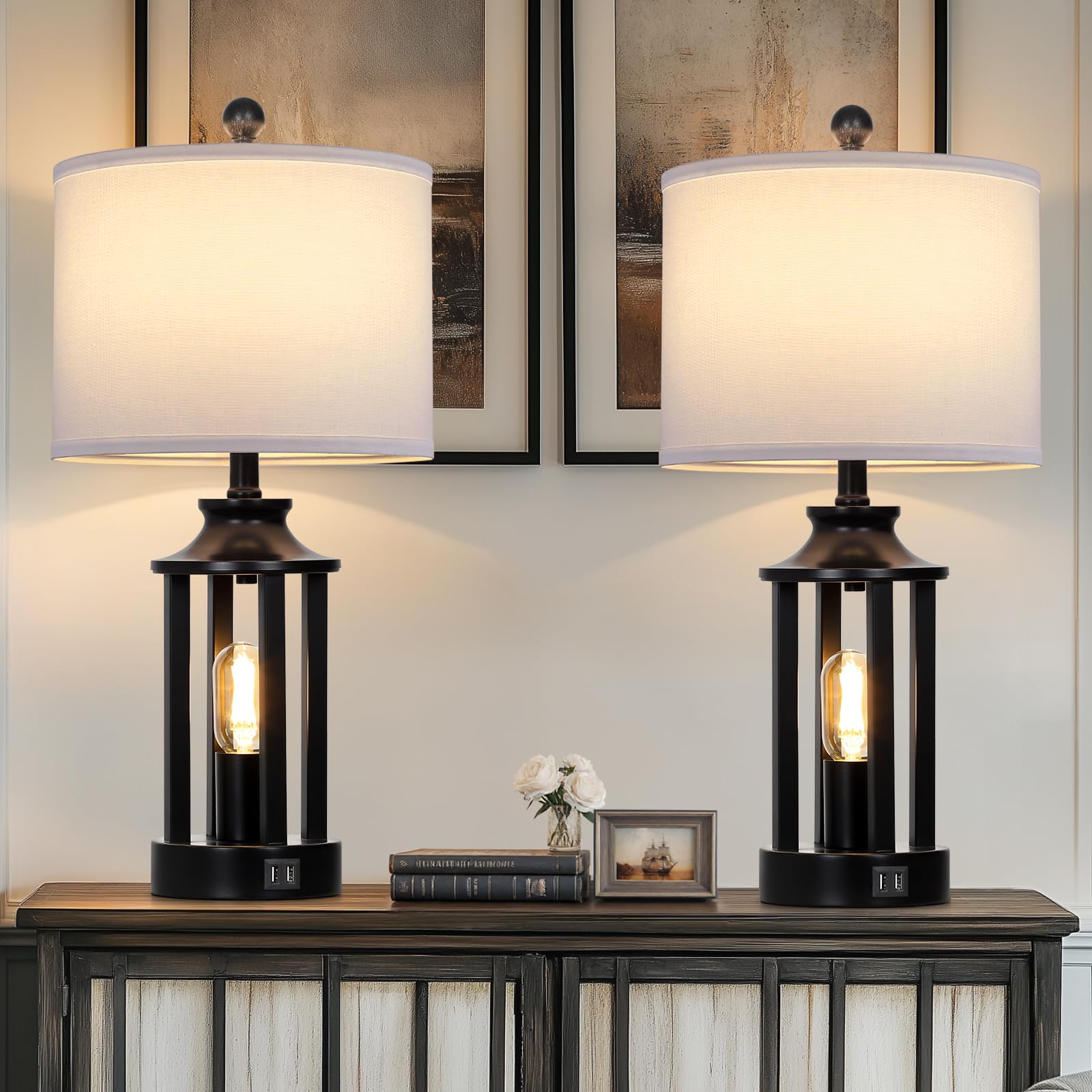 Ruzectt Black Living Room Lamps Set of 2, 3-Way Dimmable Touch Control, USB Ports, Large Rustic Bedside Lamp, Model TD-RZ-147