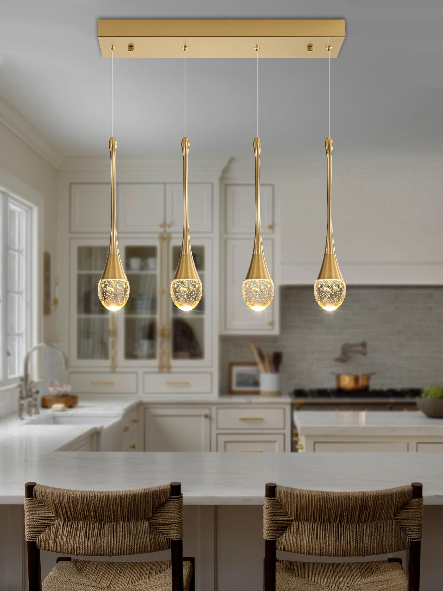 Ykolupty Dining Room Light Fixture 4-Light Gold Kitchen Island Lighting Industrial Linear Crystal Chandeliers For Dining Room Pe