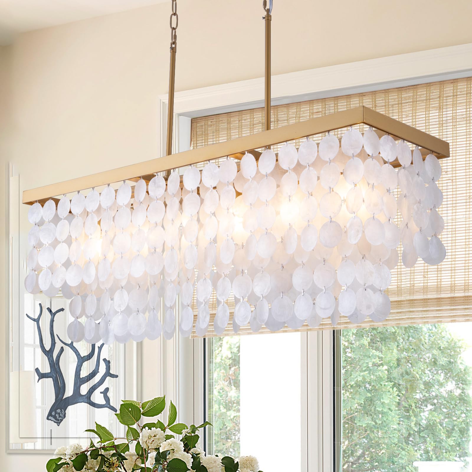 TOCHIC Rectangular Capiz Shell Chandelier, Coastal Beach Lighting 6 Lights, Modern Gold Chandelier Shell Pendant Light for Kitch