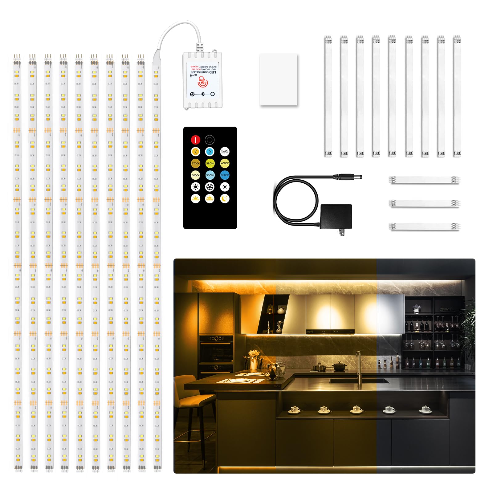 DAYBETTER Under Cabinet Lighting kit, 10 PCS LED Strip Lights with Remote, Dimmable Under Cabinet Lights for Kitchen Cabinet, Co